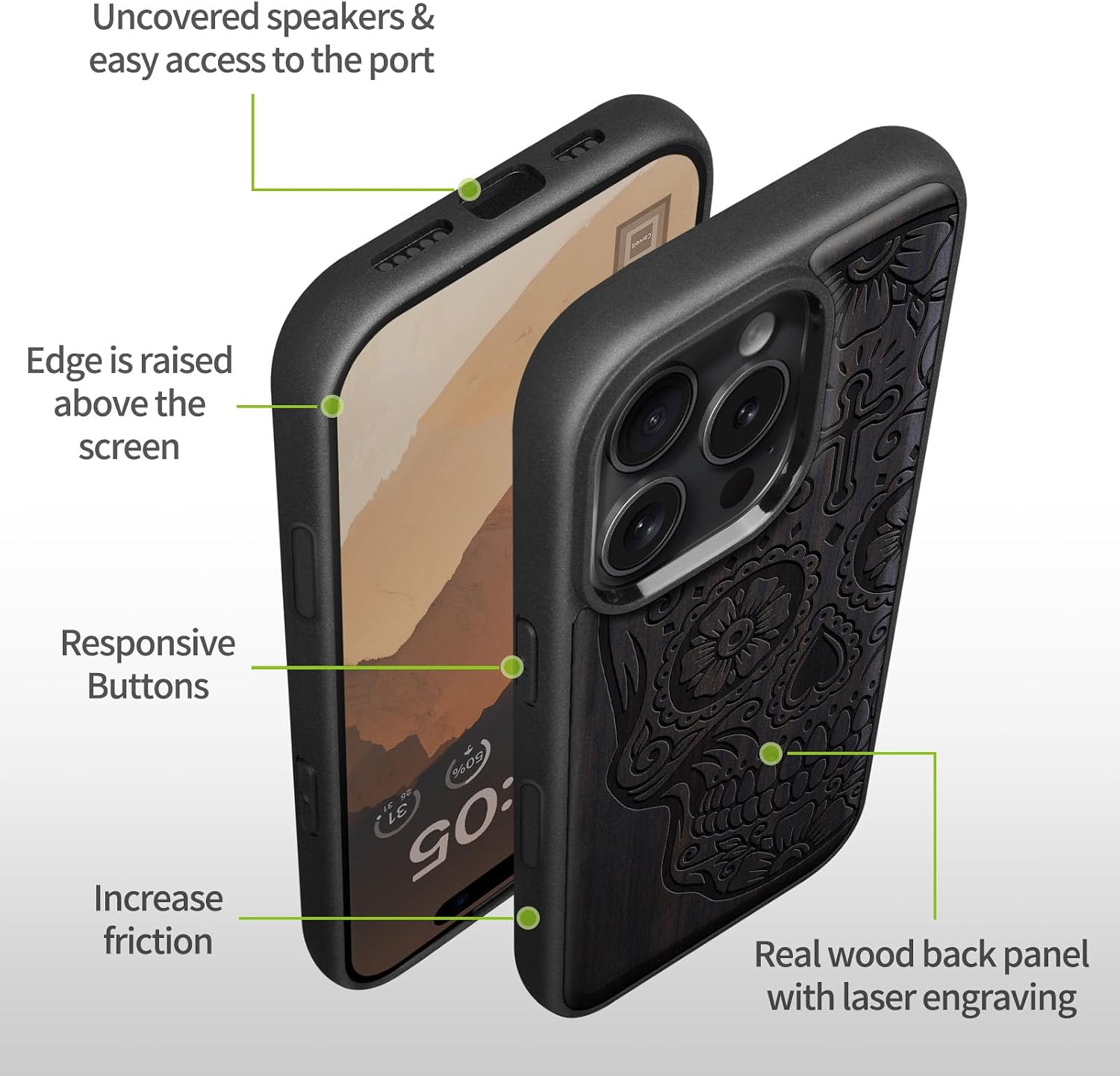 Carveit Magnetic Wooden Case for iPhone 16 Pro Max Case, Wood Artisan Engraved & Black Soft TPU Shockproof Cover, Compatible with MagSafe Wireless Chargers (Sugar Skull) Blackwood