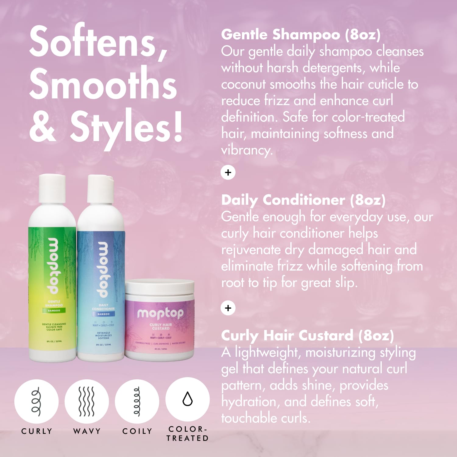 MopTop Curly Hair Routine, Gentle Shampoo + Daily Conditioner + Styling Gel for Wavy and Coily Tresses, Color Safe, Moisturizing Women's Hair Care - Image 2