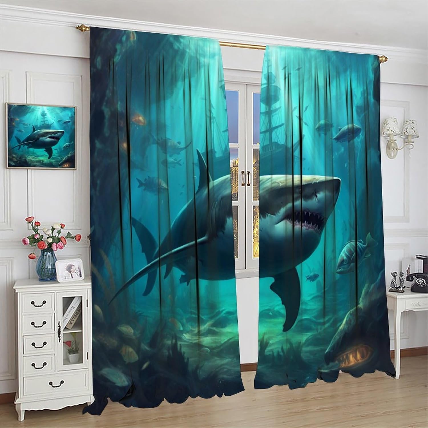 Shark Blackout Curtains Deep Sea Creepy 3D Sailing Sailboat Marine Animals Sharks Fish Schools Windows Treatments Rod Pocket Drapes for Kids Boys Teenage Living Room Bedroom 42x63in