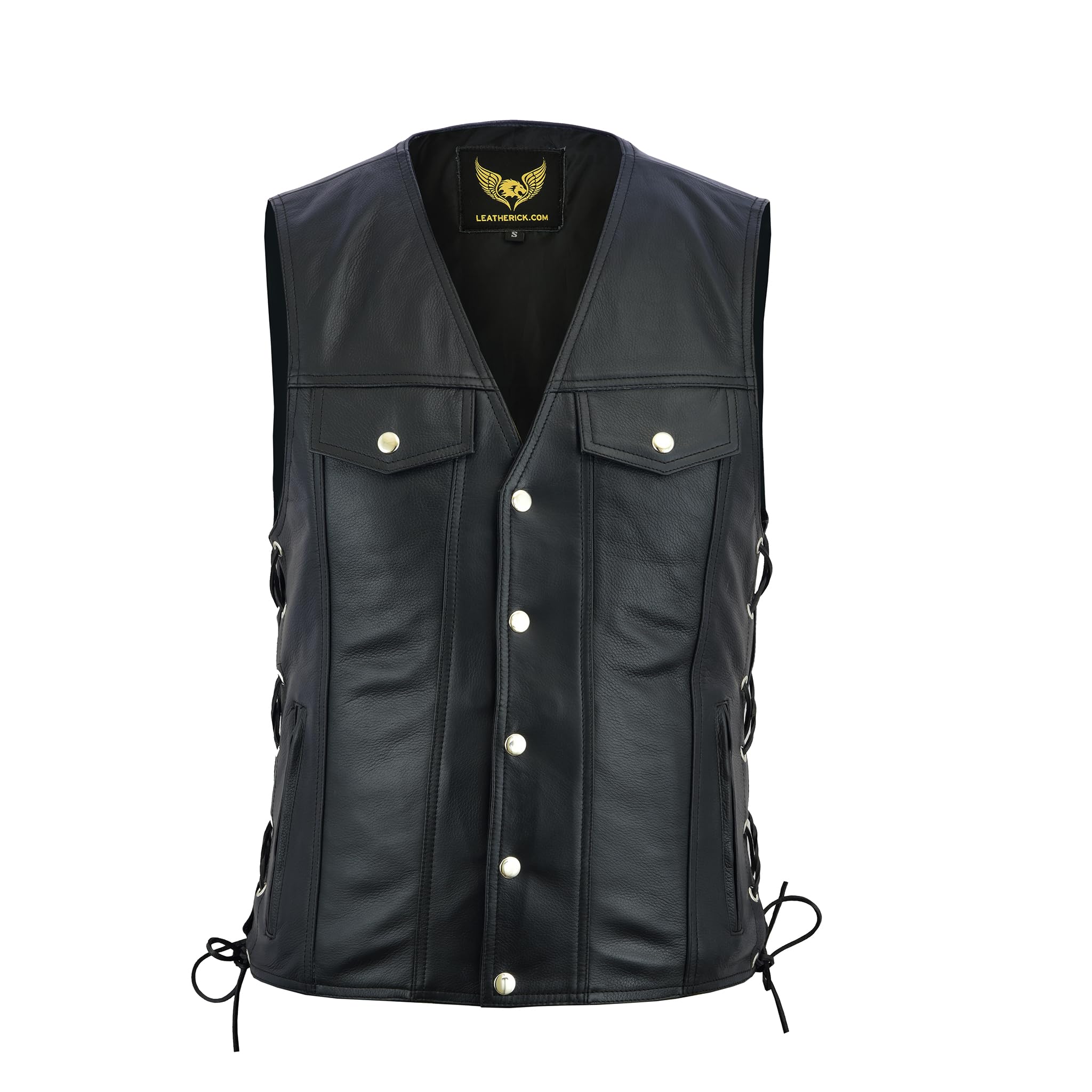 Leatherick Gilet da motociclista unisex, in vera pelle, con lacci laterali e bottoni cromati, stile denim