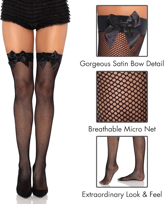 Leg Avenue Women's Satin Bow Fishnet Thigh Highs