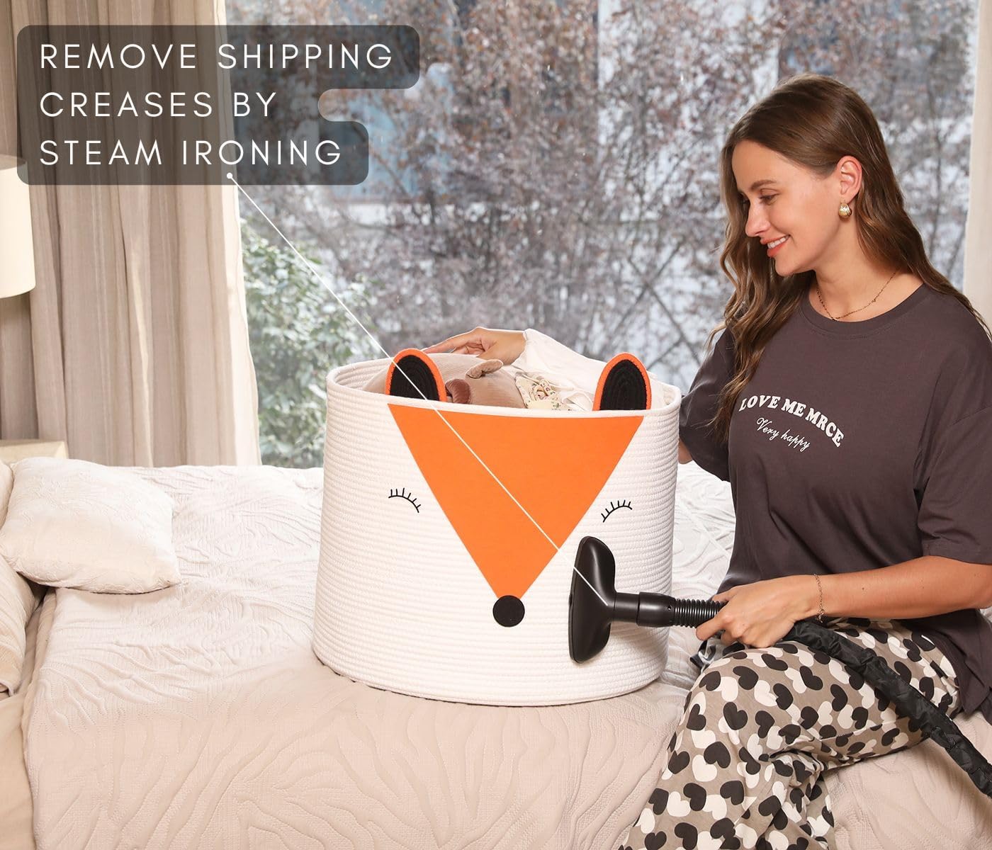 Bear Animal Basket, Large Cotton Rope Storage Basket, Woven Laundry Hamper, Cloth Storage Bin for Clothes in Bedroom, Orange Fox 18"x15"