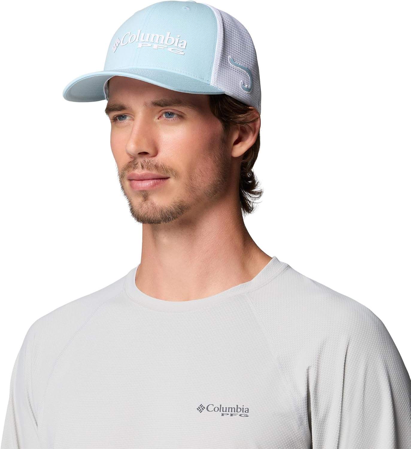 Columbia Unisex PFG Logo Mesh Ball Cap, Marine Light/White/Hook, L/XL
