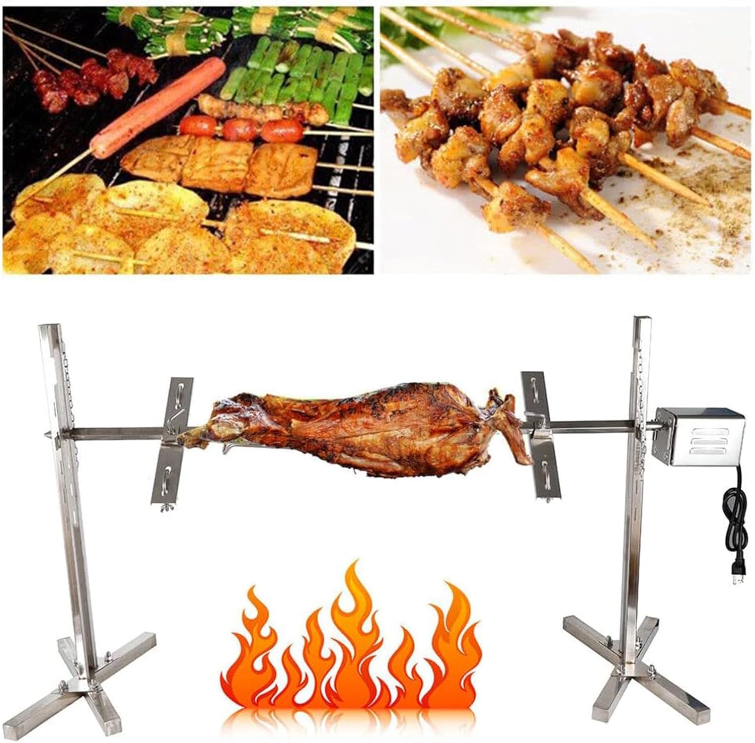 Electric Grill Fork, Automatic Rotisserie Kit, Stainless Steel Grill for Outdoor Cooking, Silver