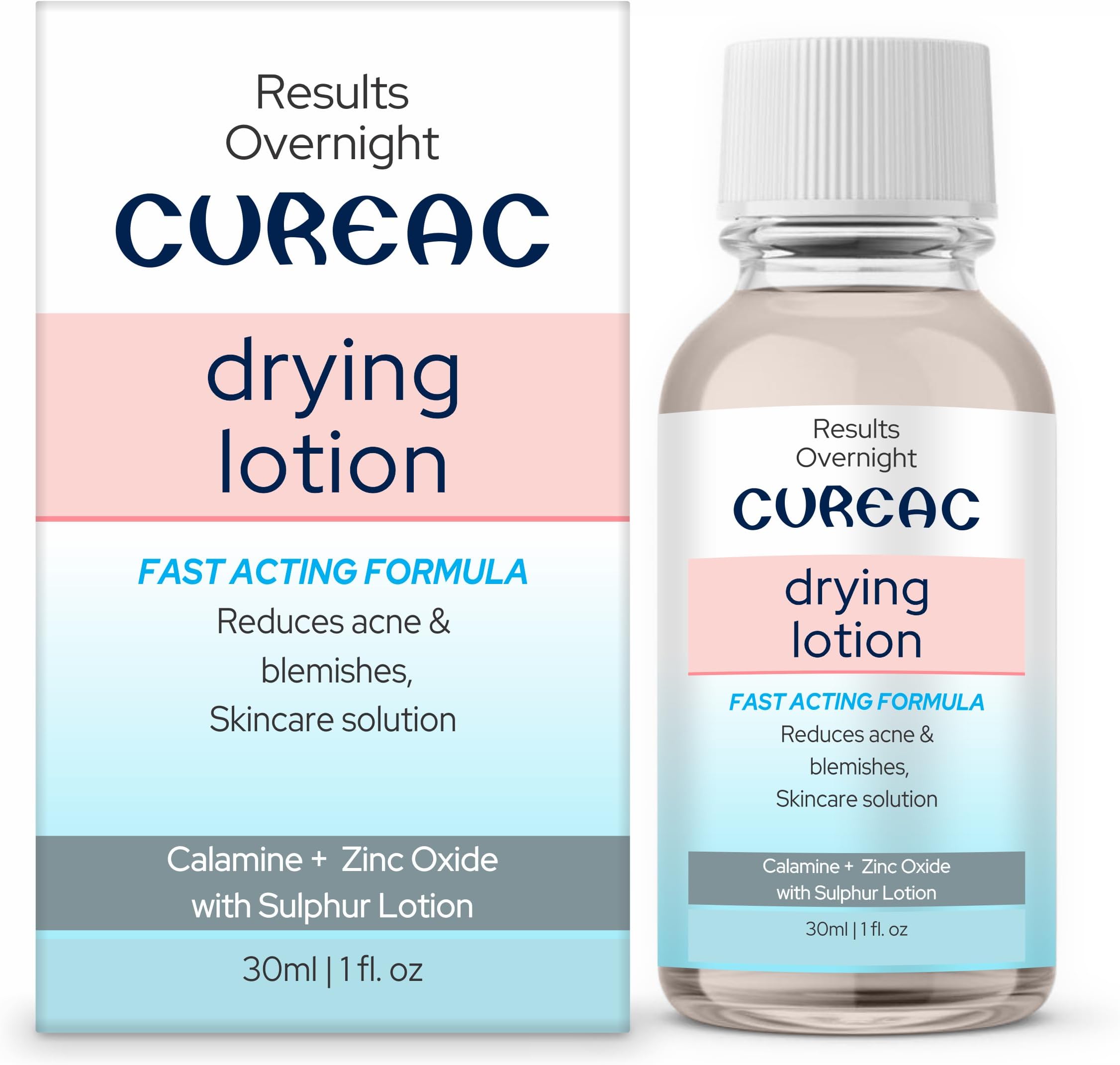 Cureac Drying Lotion with Calamine, Zinc Oxide & Sulphur - 30ml | Acne & Spot Care Lotion for Clear & Balanced Skin