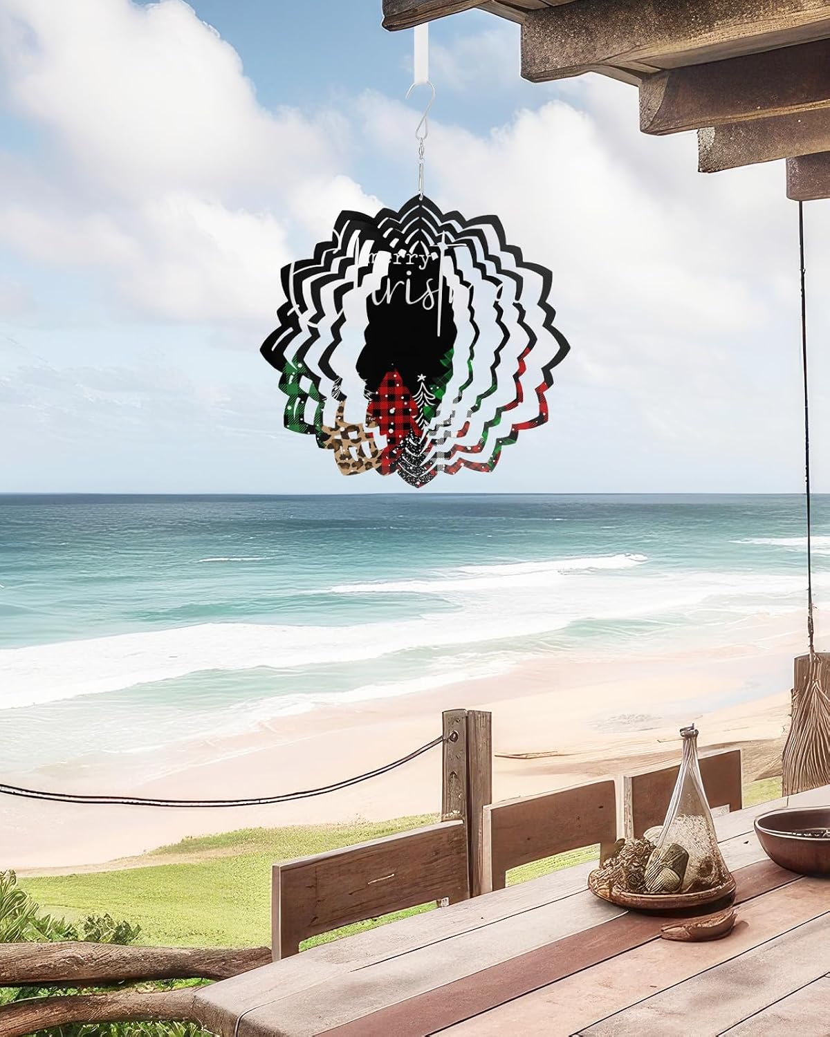 Leopard Print Buffalo Plaid Wind Spinner 3D Stainless Steel, 12 in Lotus Shape Double Sided Hanging Wind Spinners, Merry Christmas Black Garden Art Wind Sculpture for Yard Porch Front Door