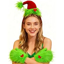 Christmas Green Furry Headband with Red Heart Adult Costume