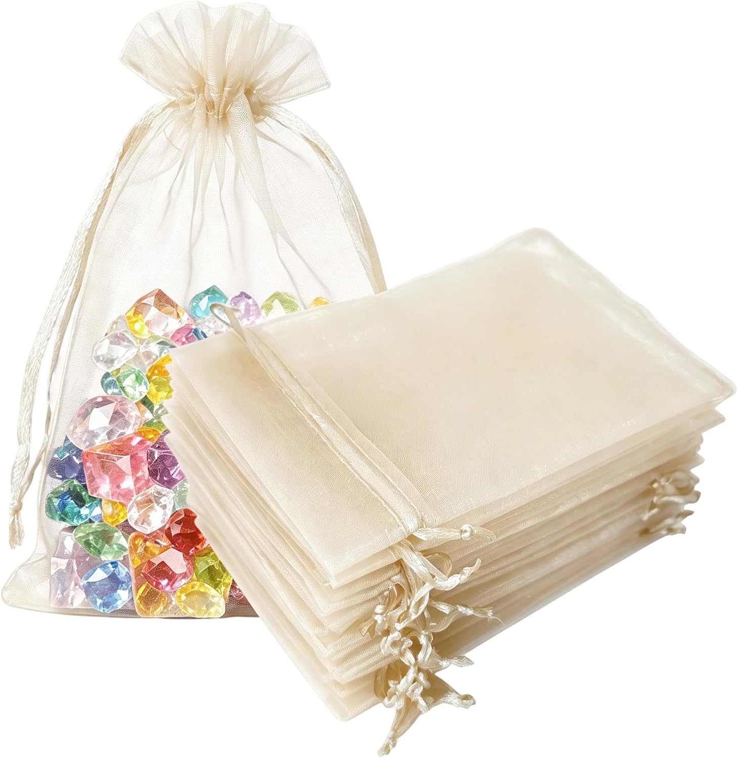 Jwenic 5x7 Inch Sheer Organza Mesh Drawstring Gift Goodie Bags Ivory 100pcs