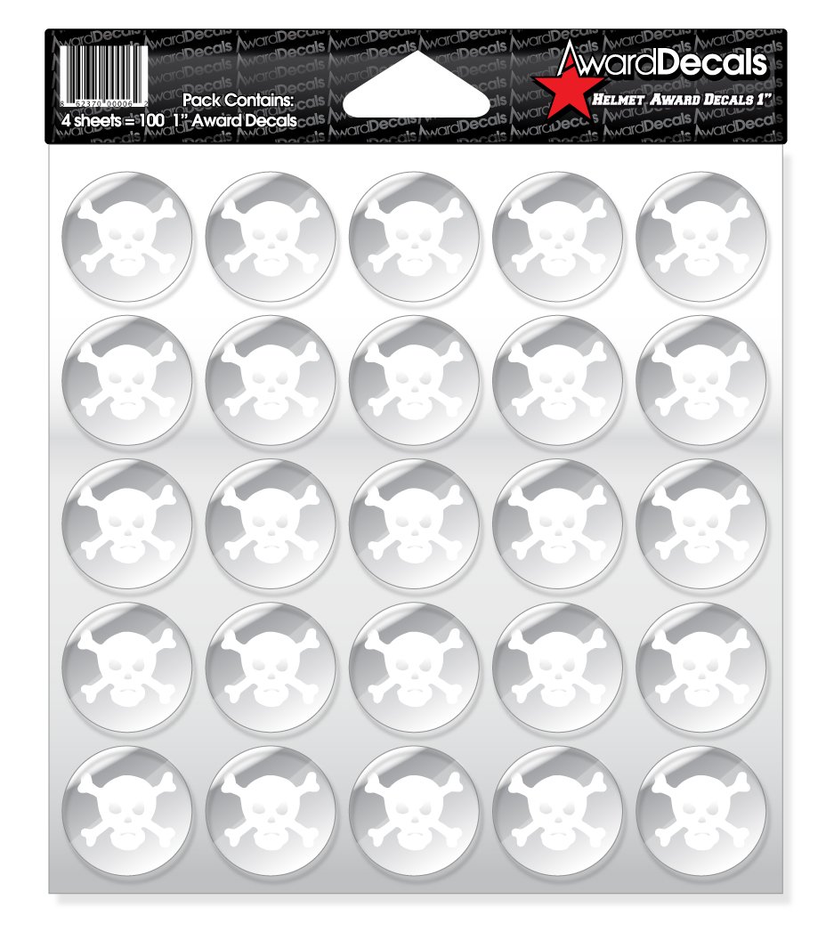 Award Decals Skull &amp; Crossbone White/Clear 100 1" 20mil Vinyl Made in USA