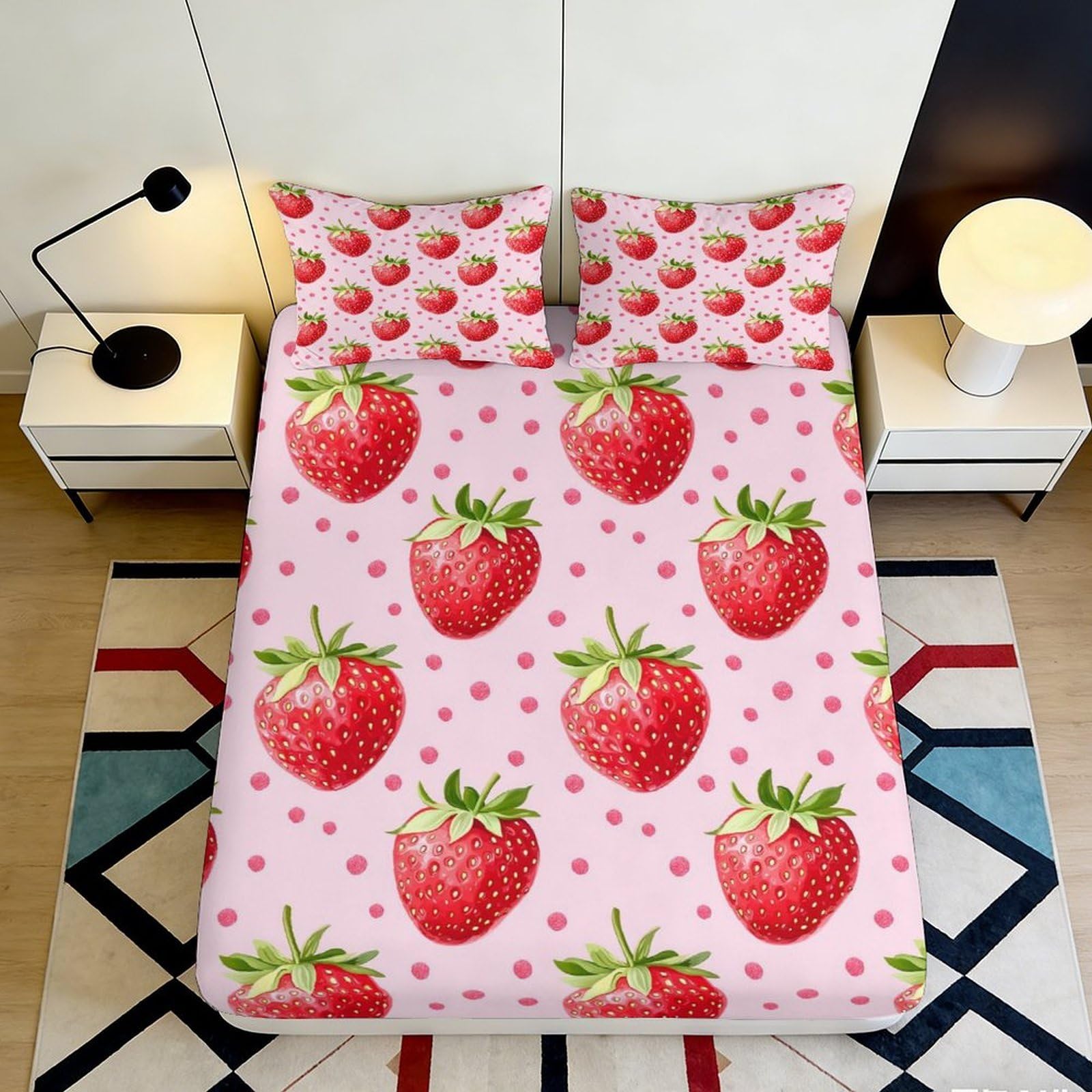 3D Printed Strawberry Pattern Fitted Sheet Microfiber Pink Fruit Bed Cover for Bedroom Dorm Mattress Protection Decor 90x200x25cm