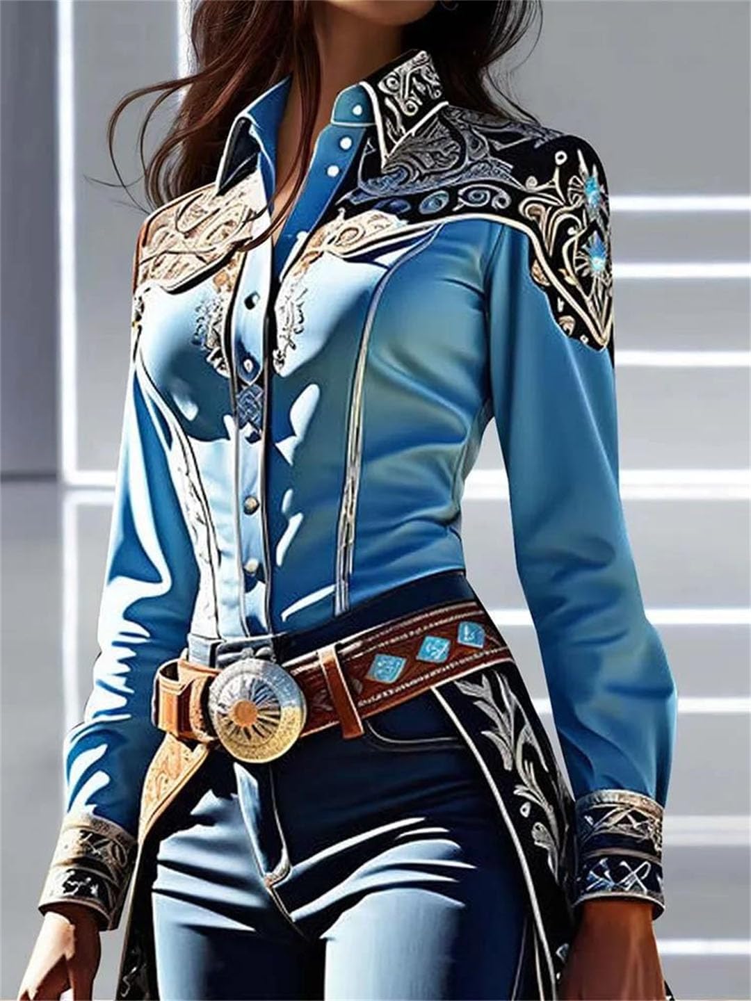 Women Office Western Print Button Collar Slim Waist Patchwork Long Sleeve Blouse Tops