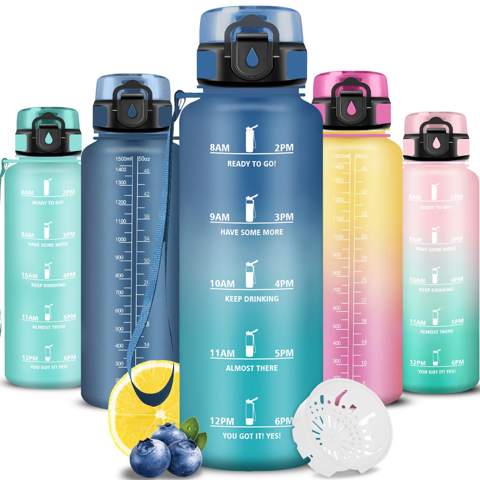 Trinkflasche- 1.5 liter- Trinkflasche Sport, Wasserflasche Auslaufsicher, mit Zeitmarkierung, Wasserflasche Kohlensäure Geeignet, Leicht zu Reinigen, Sportflasche für Fitness, Fahhrad, Gym, Camping