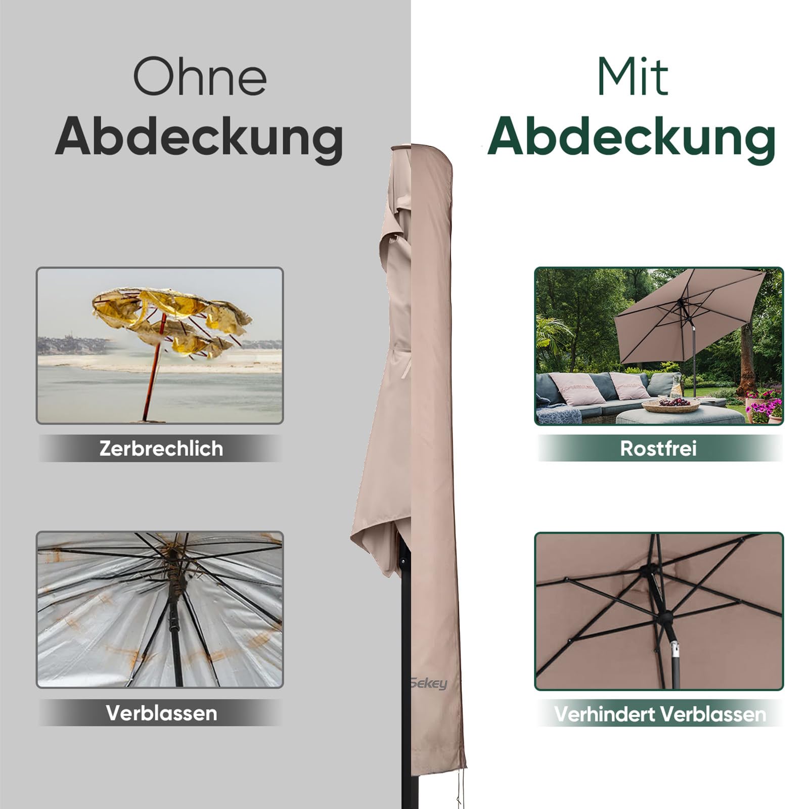 Sekey Sonnenschirm Schutzhülle mit Stab, Abdeckhauben für Ø 400cm / 240x330cm Gartenschirm, 220×30/50 cm Abdeckung für Marktschirm, 100% Polyster wasserdicht