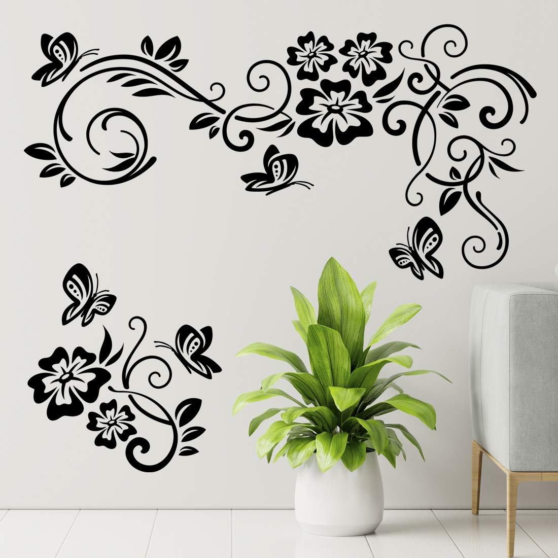 Wall4stickers Schwarz Flowers Wall Stickers Living Room Sticker Nursery Decal Door Decor Tree Decoration Bedroom Flower Kitchen Mural Kid Art Decals Decorative Grass Blossom Wallpaper Removable Vinyl Home Stencils