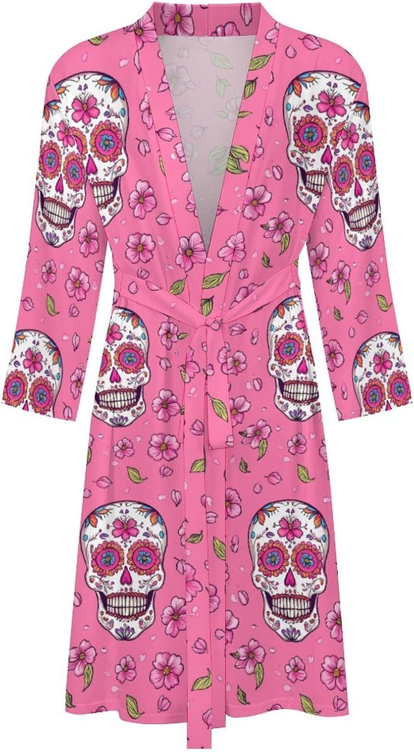 Skull Cherryflowers Men's Robe Soft Bathrobe V Neck Loungewear Sleepwear Nightgown Dressing Gown