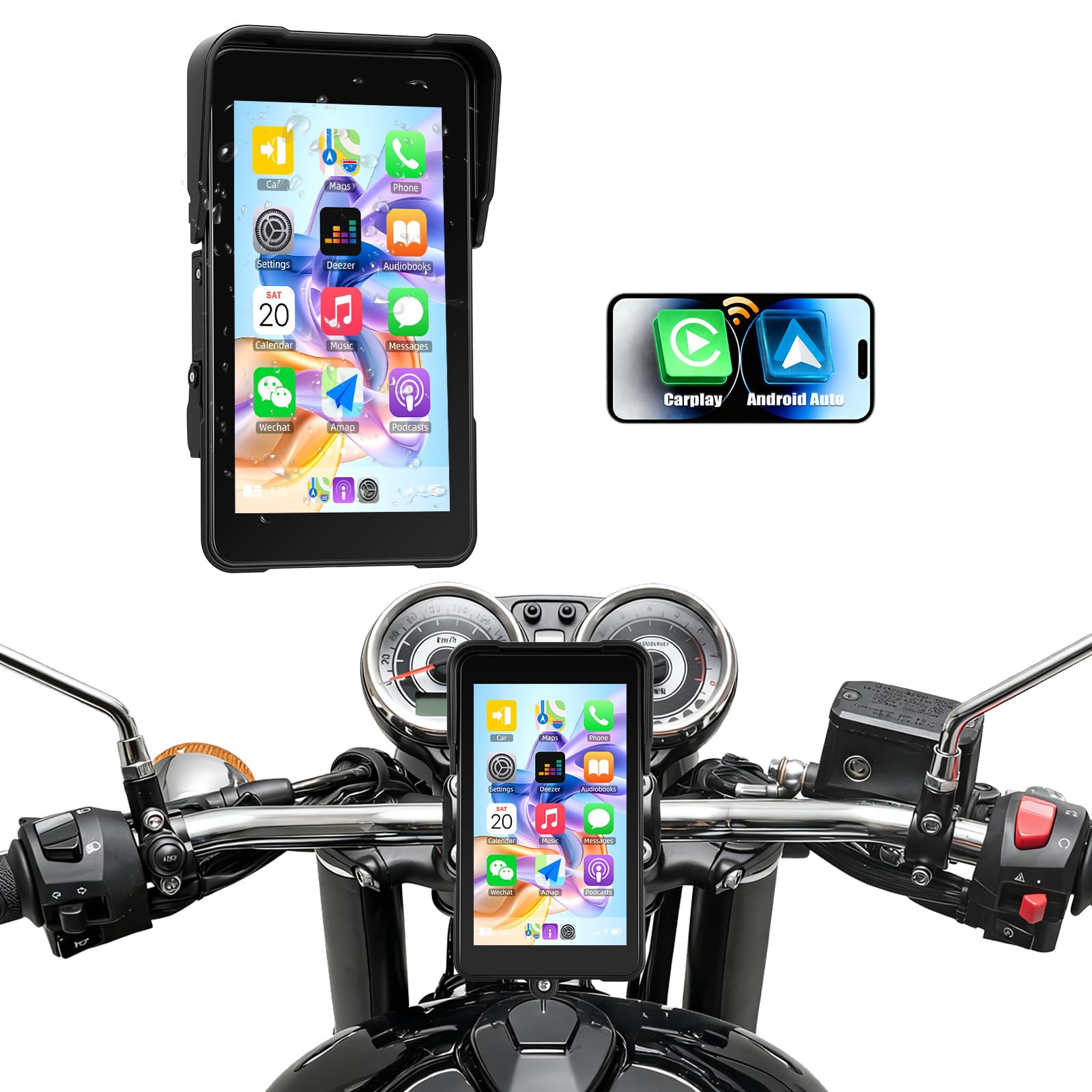 SIXTOP Écran CarPlay Moto avec GPS, CarPlay et Android Auto sans Fil, Portable GPS Navi pour Moto, Étanche IP68, 5 Pouces Écran Tactile avec Bluetooth