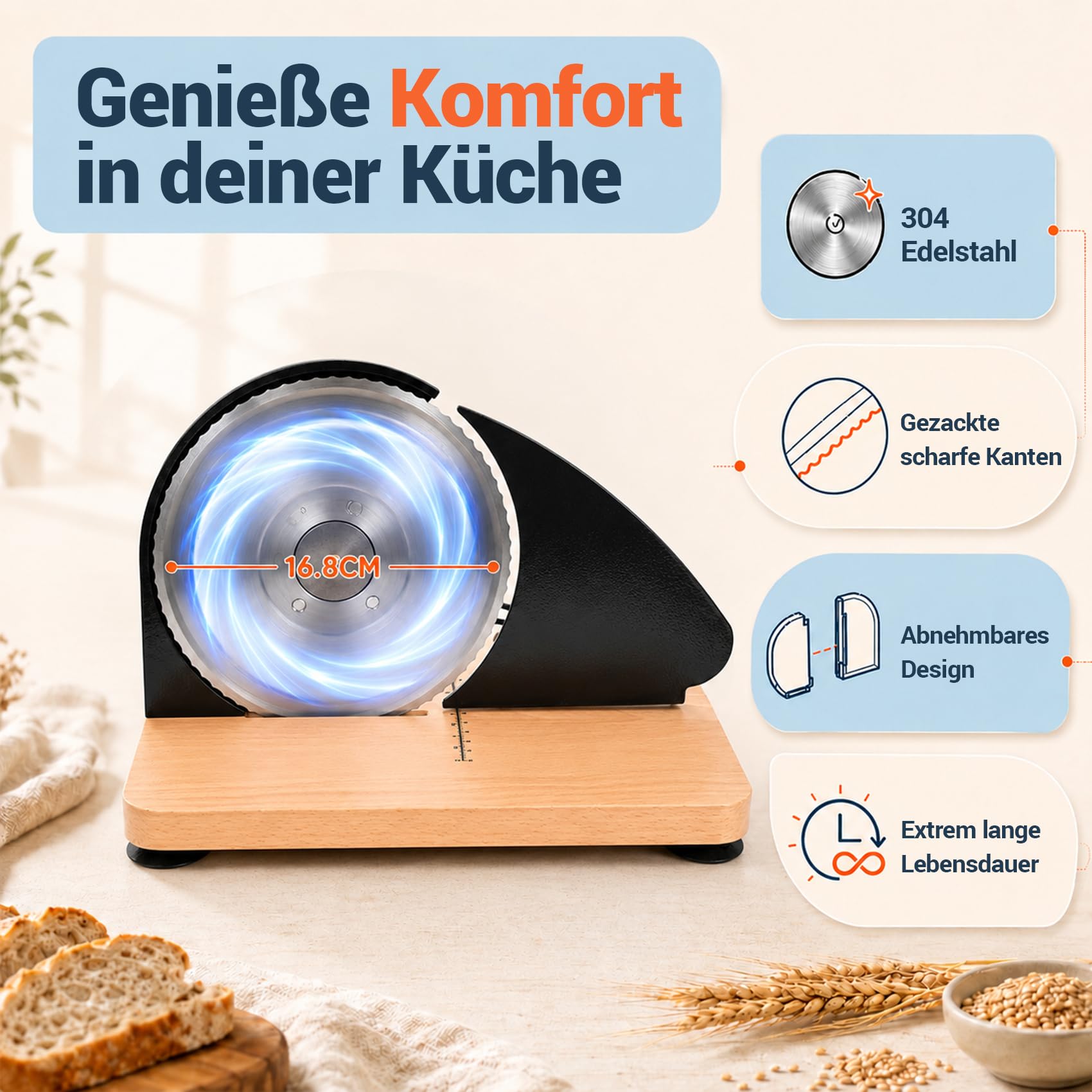 Brotschneidemaschine Manuelle mit Handkurbel | 0–20 mm einstellbare Scheibendicke | Edelstahlklinge mit Wellenschliff | rutschfeste Saugnäpfe | Für Sauerteig, Roggen, Toast & Baguette