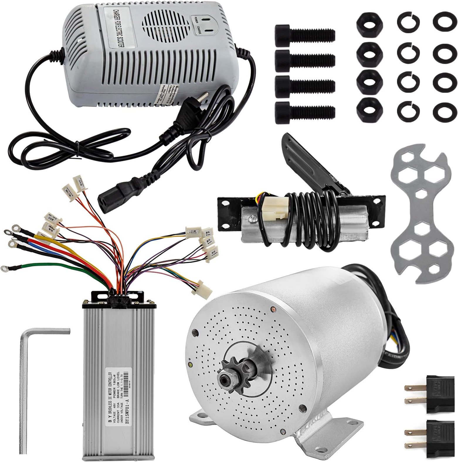 Electric Brushless Motor 48V DC 1800 Watt with Controller & Pedal &Charger 9 Tooth 8 Chain Sprocket and Mounting Bracket for Go Karts Scooters & E-Bike