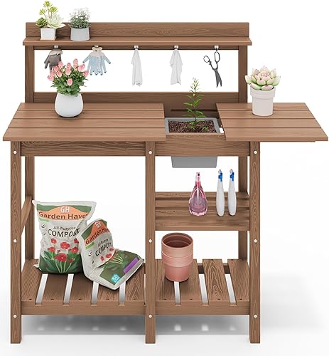 Miniatura 10 de SERWALL Banco para macetas al aire libre con fregadero extraíble, mesa para macetas de polietileno de alta densidad resistente a la putrefacción