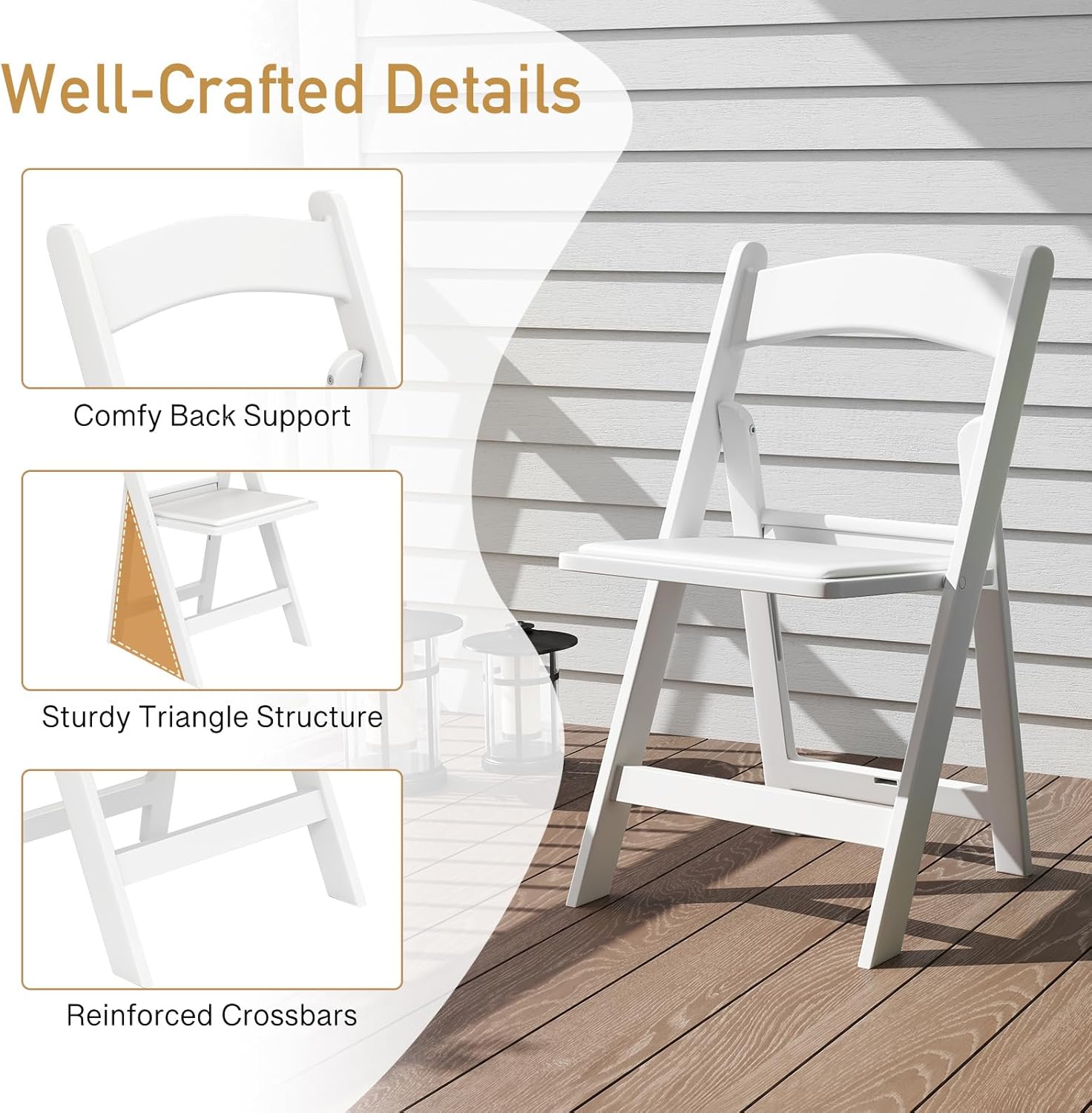 HAPPYGRILL Folding Patio Dining Chairs Set of 4, 1100 lbs Capacity Resin Padded Seats, Lightweight Portable Outdoor Chairs for Patio, Office, Weddings, Events, White (4)