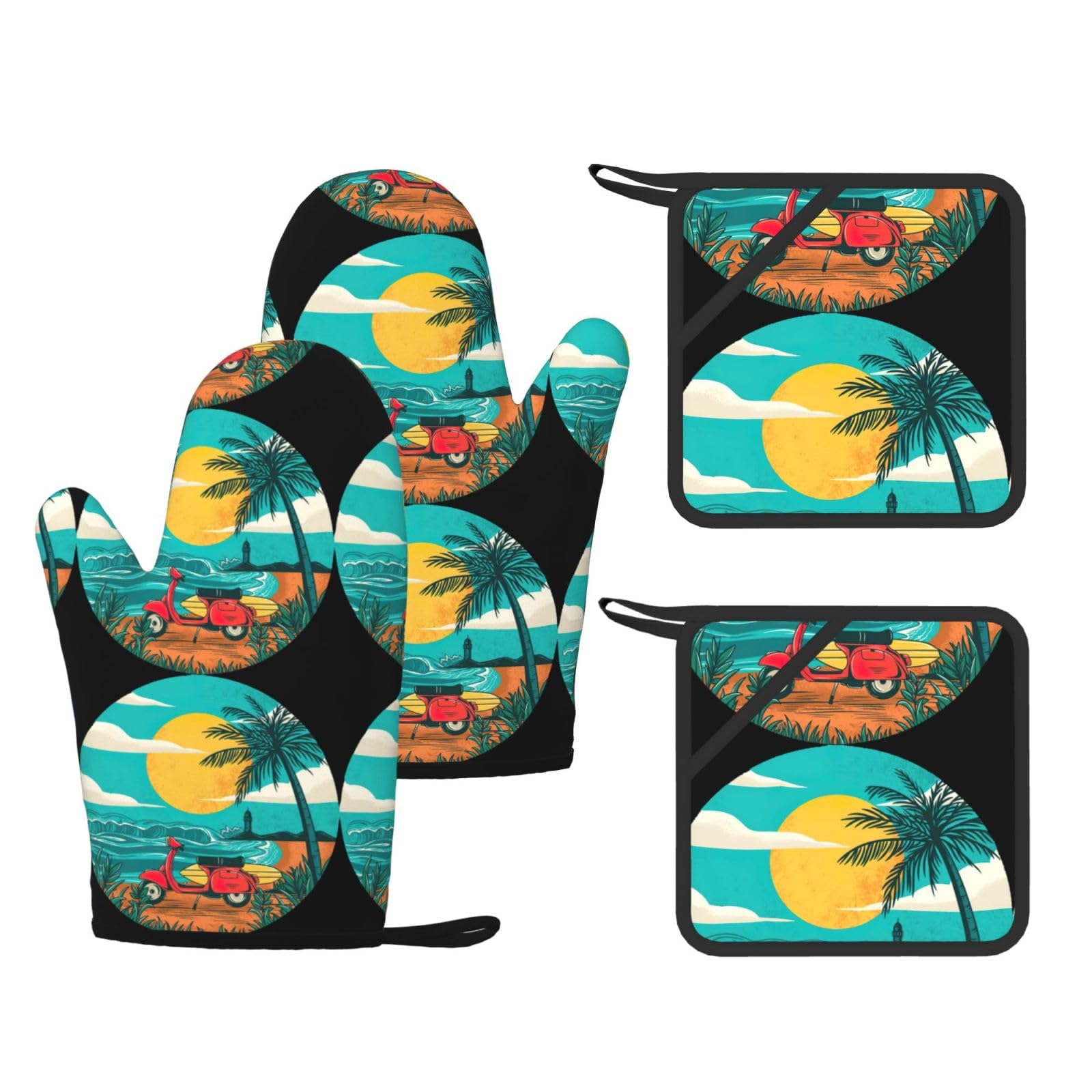 Eeprty Black Sunset Beach Palm Tree Printed Kitchen Oven Gloves And Potholder 4 Pcs, Non-Slip Heat Resistant Mitts For Baking Chef
