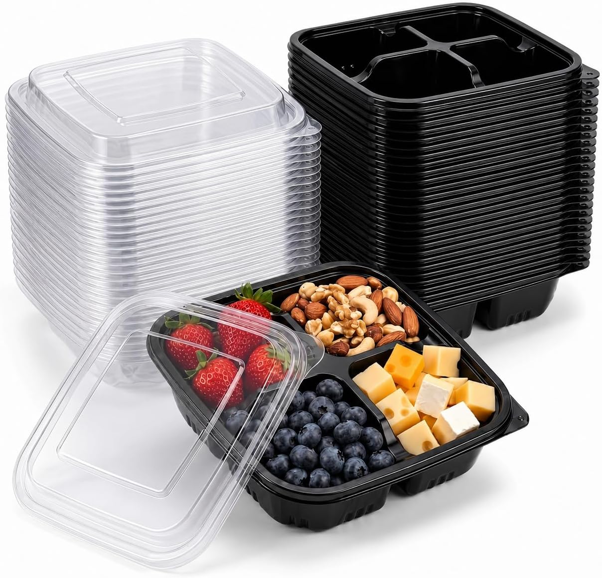50 Pcs Snack Containers, 4 Compartment Bento Box with Lids, Plastic Food Storage Containers for Work Travel Camping(Clear)