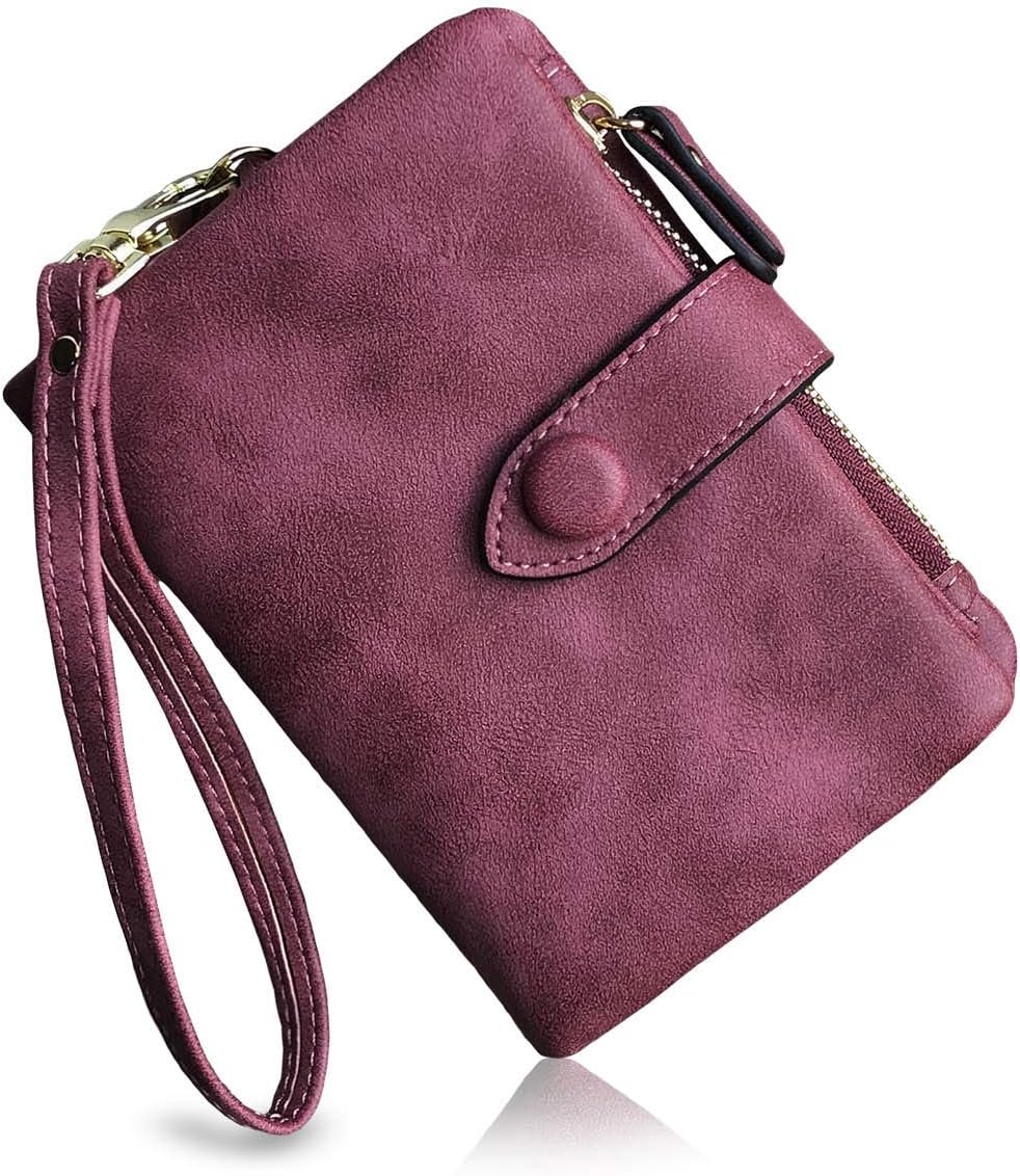 Womens Small Bifold Leather Wallets RFID Ladies Wristlet with Card Slots id Window Zipper Coin Purse