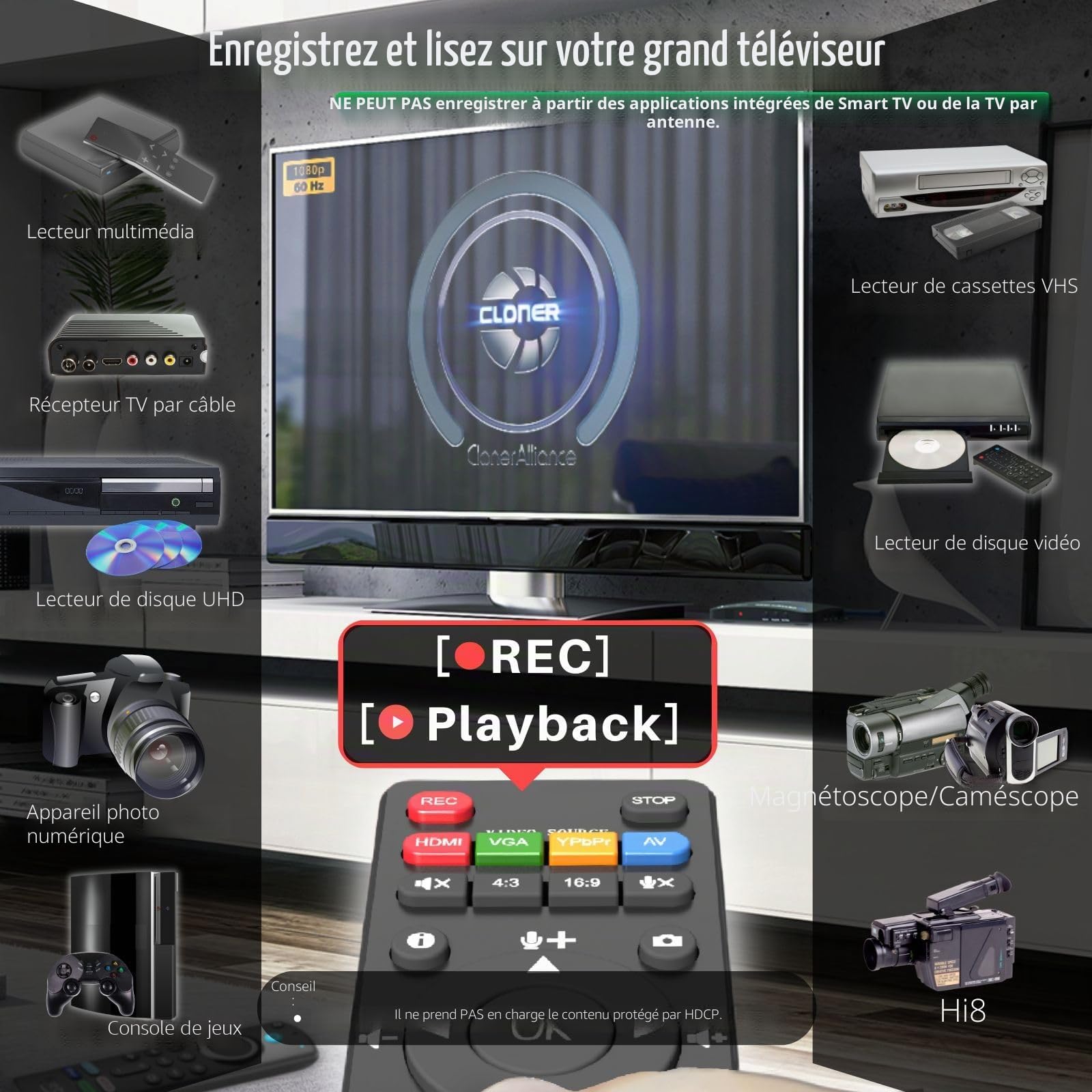 ClonerAlliance Box Pro, enregistreur vidéo 1080p@60fps, DVR avec Capture HDMI, Lecture sur TV. Convertisseur RCA/YPbPr/VGA vers numérique. Aucun Ordinateur requis. Prend en Charge PVR/OTA.