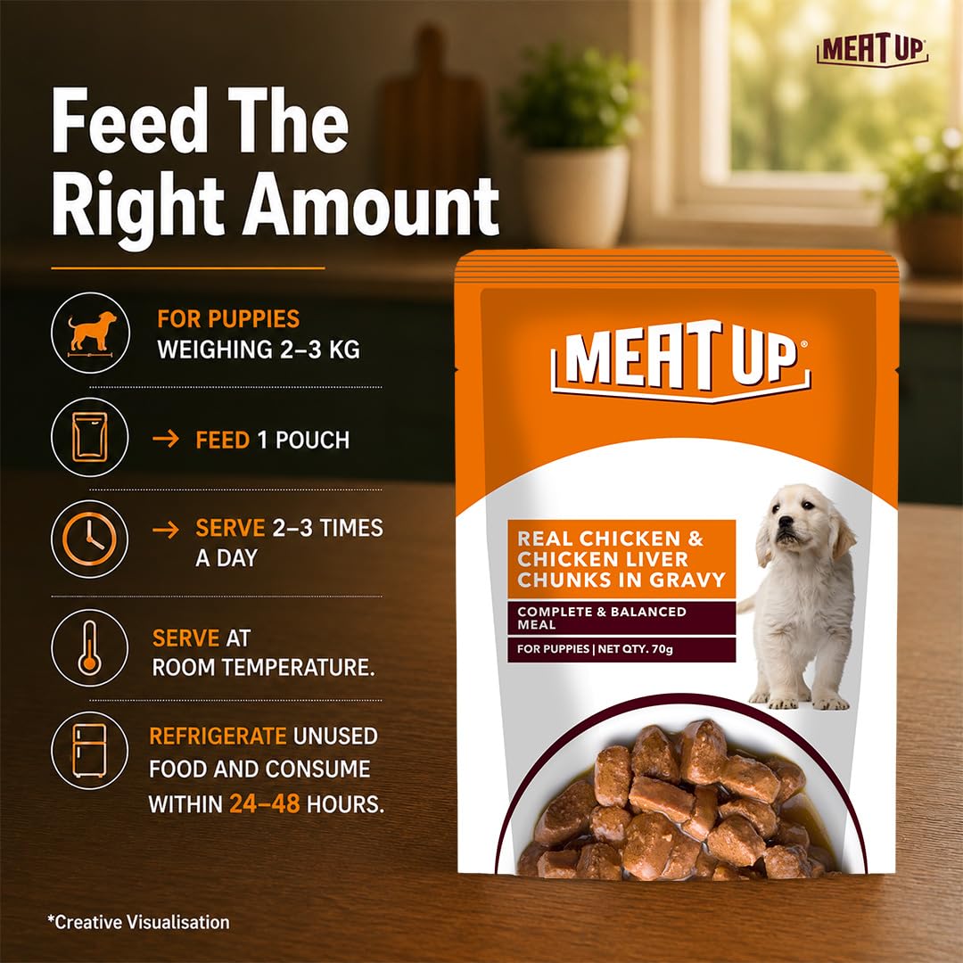 Meat Up Puppy Wet Dog Food, 16 Pouches × 70g, Total 1.12kg | Real Chicken in Gravy | Complete & Balanced Meal | Supports Digestion & Vitality 3