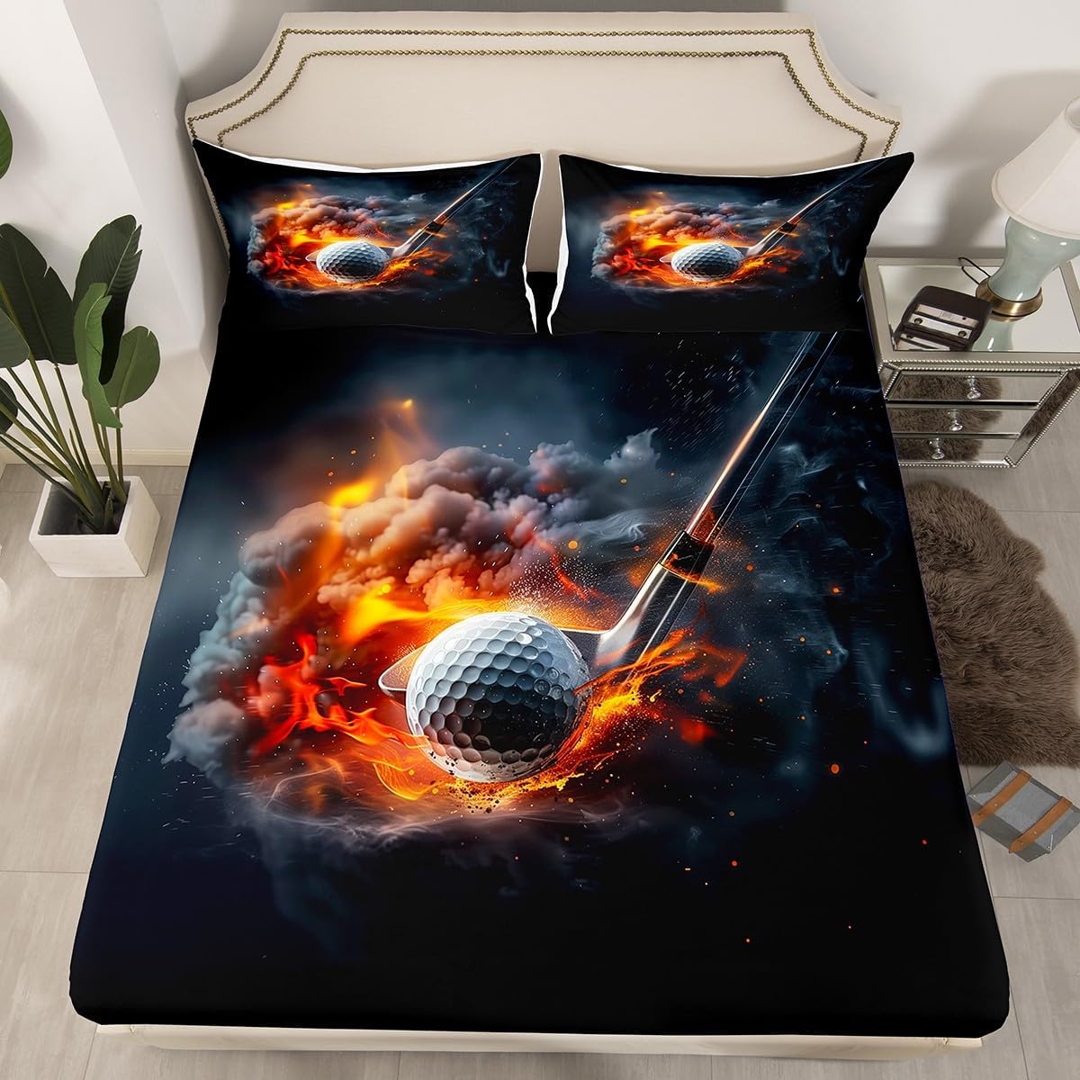 Erosebridal Golf Print Bed Sheets Sports Games Bedding Set Queen Golf Ball Lover Fitted Sheet for Kids Teen Adults,Modern Ball Sports Purple Sheets Room Decor