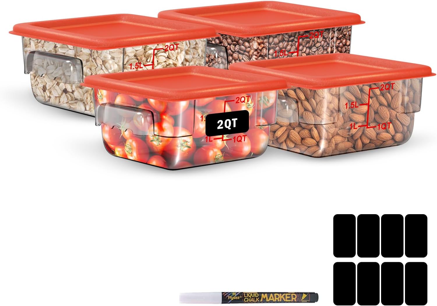 2Qt NSF Food Storage Containers with Lid - 4pcs Food Grade/Heat Resistant/Freezer Safe/Clear Square Food Storage Containers Set with Scale Handles for Restaurant Home Kitchen Dough Proofing, w/ Labels