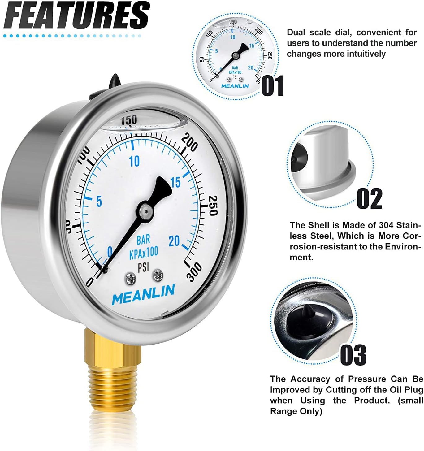 MEANLIN MEASURE 0~300Psi Stainless Steel 1/4" NPT 2.5" FACE DIAL Liquid Filled Pressure Gauge WOG Water Oil Gas Lower Mount : Industrial & Scientific
