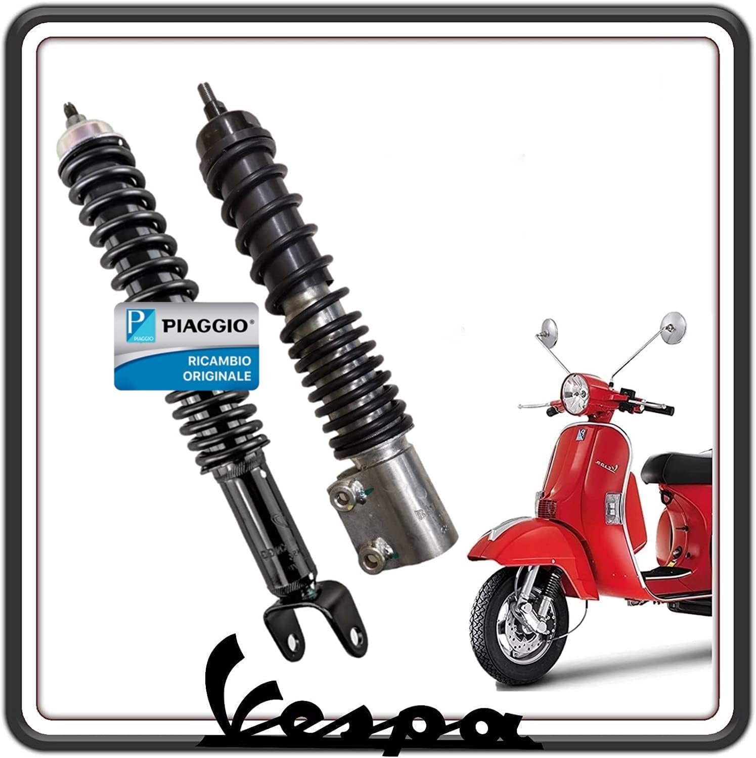 KIT COPPIA 2 AMMORTIZZATORE AMMORTIZZATORI ANTERIORE E POSTERIORE COMPLETI PER PIAGGIO VESPA PX 125-150 - 200 - VESPA ARCOBALENO ORIGINALE PIAGGIO.