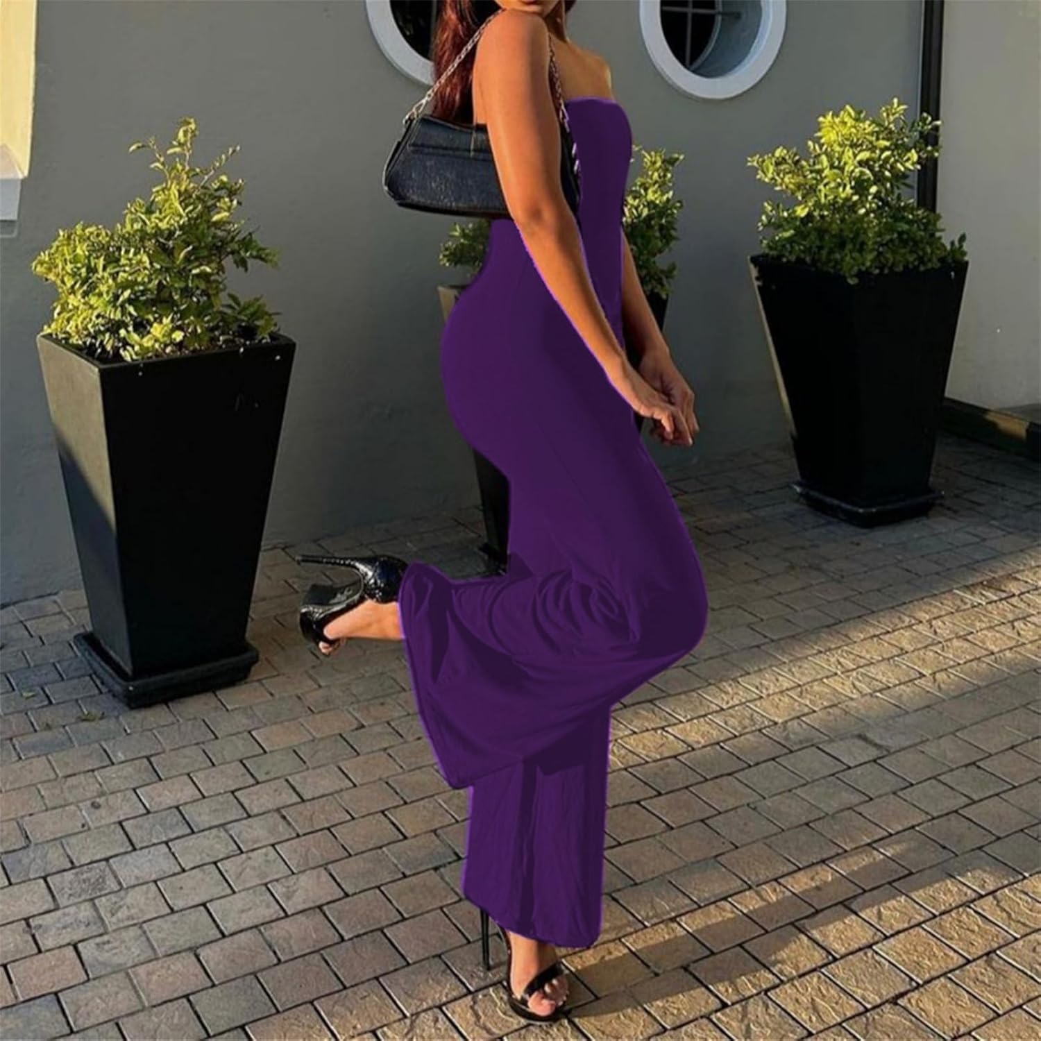 ECHOINE Women Bodycon Tube Top Wide Leg Jumpsuit Off Shoulder Long Pant Romper - Image 5