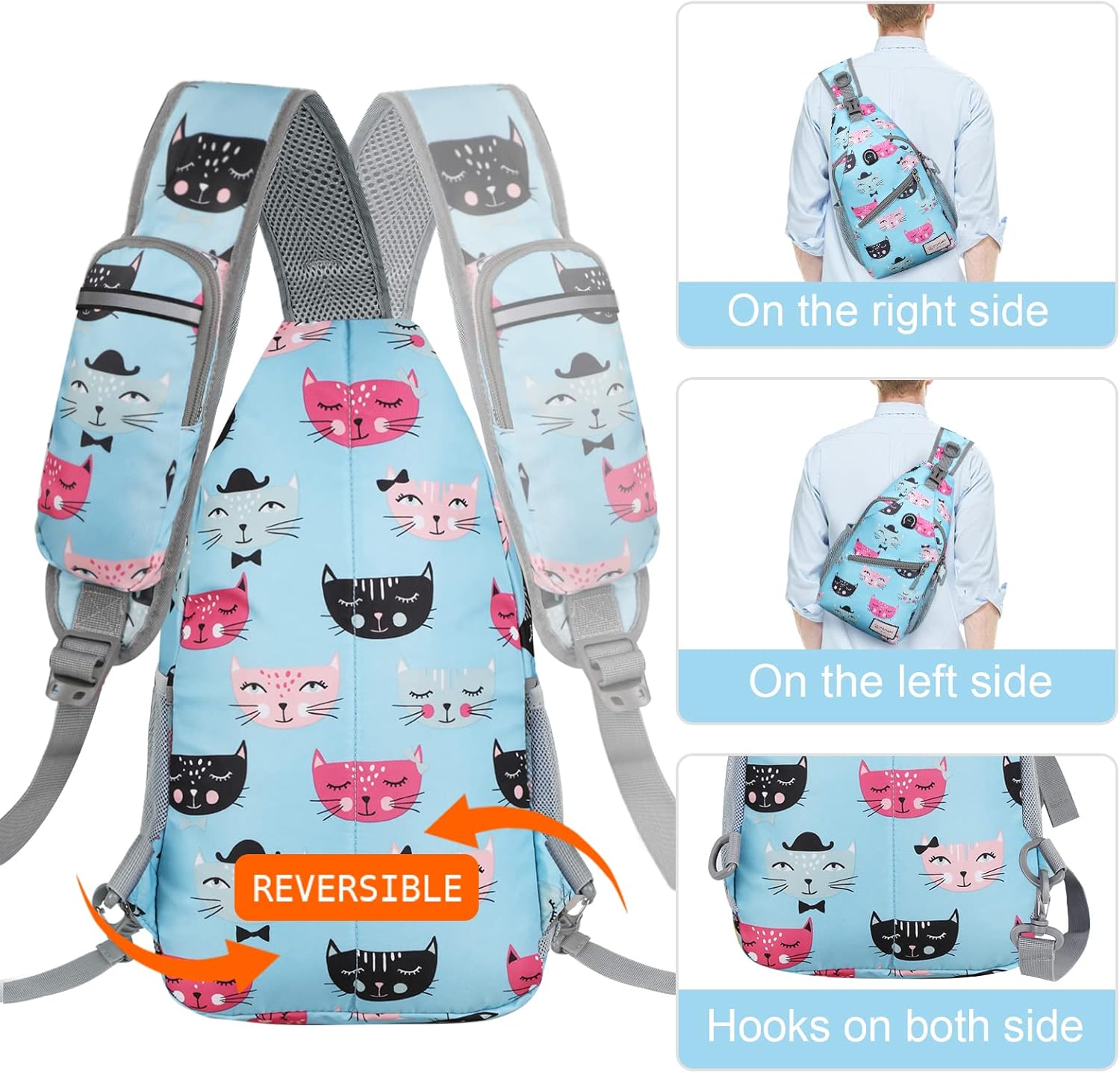 ZOMAKE Sling Bag,Small Crossbody Sling Backpack,Water Resistant Shoulder Daypack for Travel,Anti Thief Chest Bag for Hiking(Cat'S Head Light Blue) - Image 5