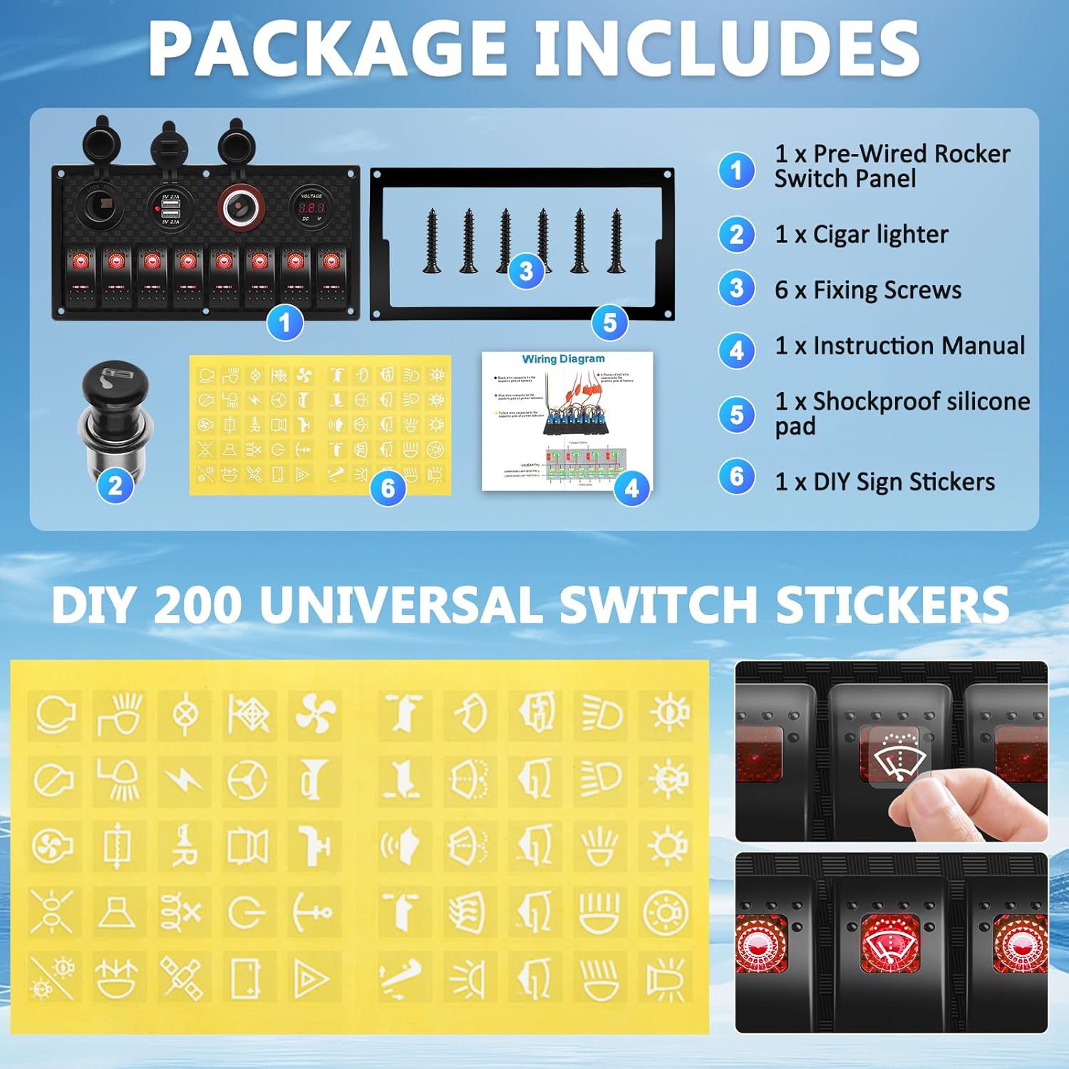 Geloo 8 Gang Marine Rocker Switch Panel, Boat Switch Panel Waterproof, 12V Switch Panel Toggle Switches Panel with LED Circuit Breaker 3.1A USB Charger Voltmeter ON/Off for Car Rvs Vehicles (Red)