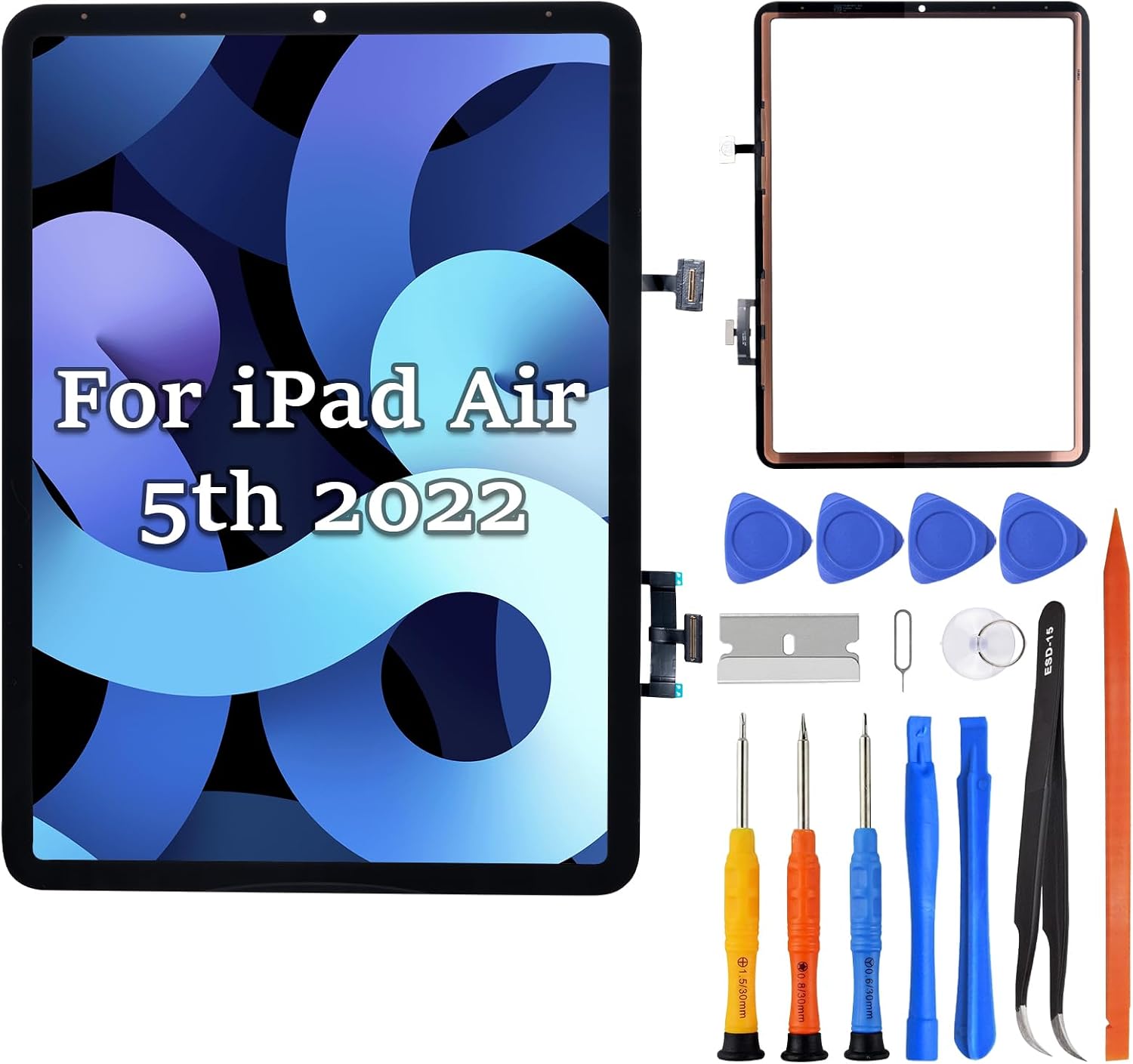 Screen Replacement for iPad Air 5th Generation 10.9 Inch 2022, Glass Digitizer No LCD, Fully Supports Pencil, Pre Installed Adhesive, OCA, Repair Tool Kit, Models A2588, A2589, A2591 Black