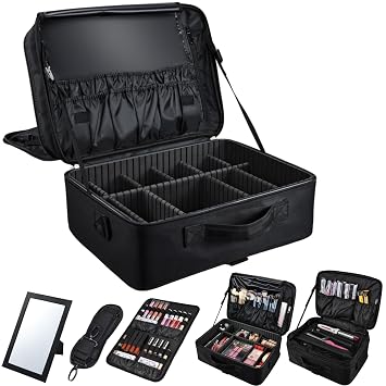 Large Makeup Bag, 3 Layers 17 Makeup Case Organizer with Mirror Professional Cosmetic Storage Backpack Box Travel Artist Carrying Vanity Bags with Brush Slot/Shoulder Strap/Attach to Suitcase