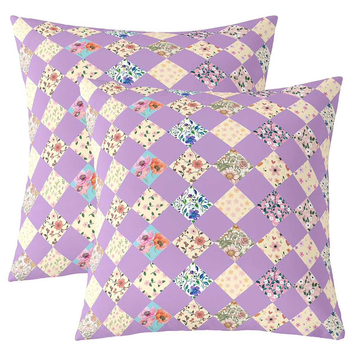 Housse de coussin 55x55 violet lot de 2 motif floral et damier