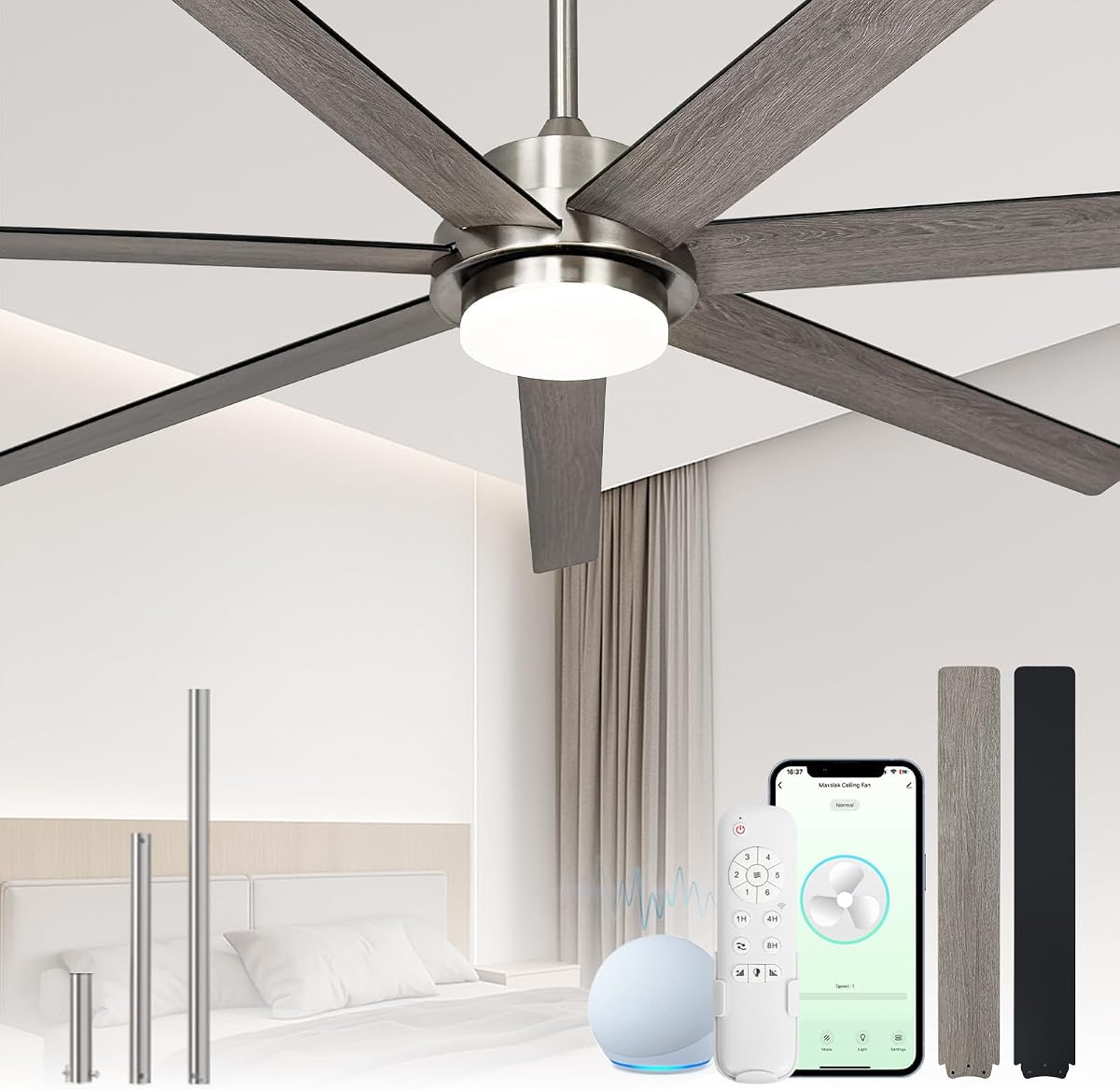 Ventilador de Techo Inteligente de 65 Pulgadas con Luz y Control Remoto vía WIFI Control por APP Alexa | Controles Alexa/APP, Motor CC Reversible silencioso, luz regulable, temporizador, acabado doble, 7 aspas para salas de estar o dormitorios interiores