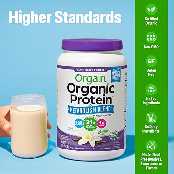 Orgain Organic Protein + Metabolism Blend Powder, Vanilla Bean - 21g Plant Protein, 5g Prebiotic Fiber, No Lactose Ingredients, Low Sugar, Non-GMO, for Shakes & Smoothies, 1.71 lb
