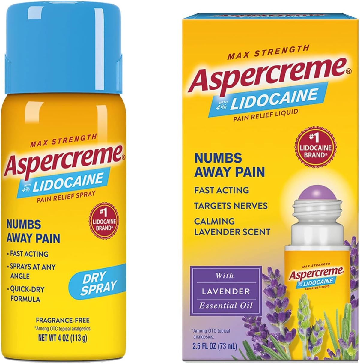 Aspercreme Max Strength Lidocaine Pain Relief Dry Spray 4 oz. Odor Free Essential Oils Lidocaine Pain Relief with Lavender, Roll-On No Mess Applicator, 2.5 oz.