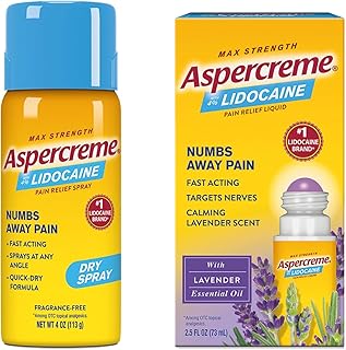 Aspercreme Max Strength Lidocaine Pain Relief Dry Spray 4 oz. Odor Free Essential Oils Lidocaine Pain Relief with Lavender, Roll-On No Mess Applicator, 2.5 oz.