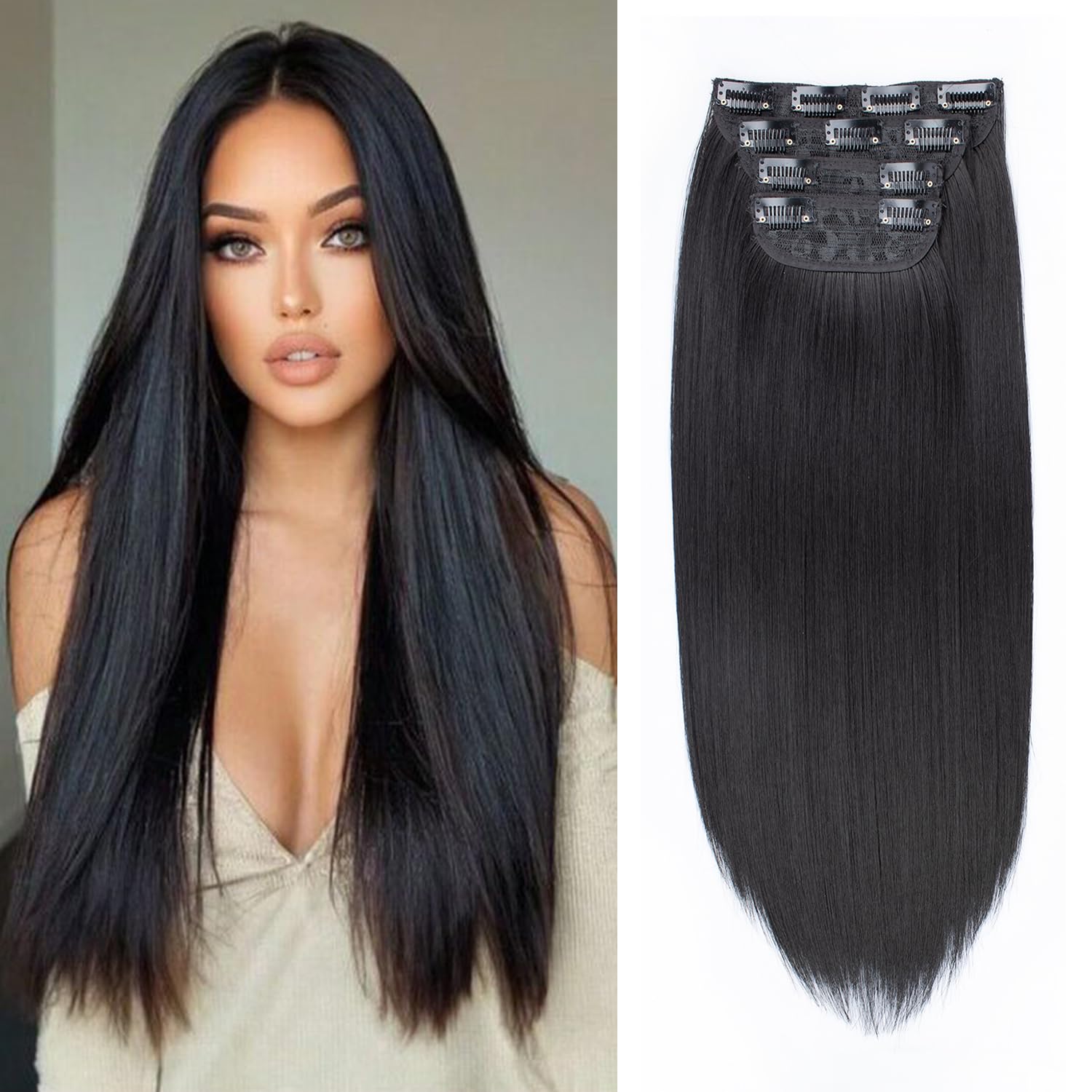 Mscat 16 Inch Clip-In Hair Extensions - Straight Synthetic Hair Pieces for Women & Girls (4PCS Full Head Set, Thick) - 1B#