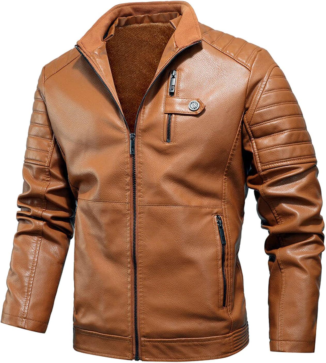 Men's Vintage Stand Collar Leather Jacket Zip-Up Warm Winter Fleece Lined Motorcycle Bomber Jacket Outwear