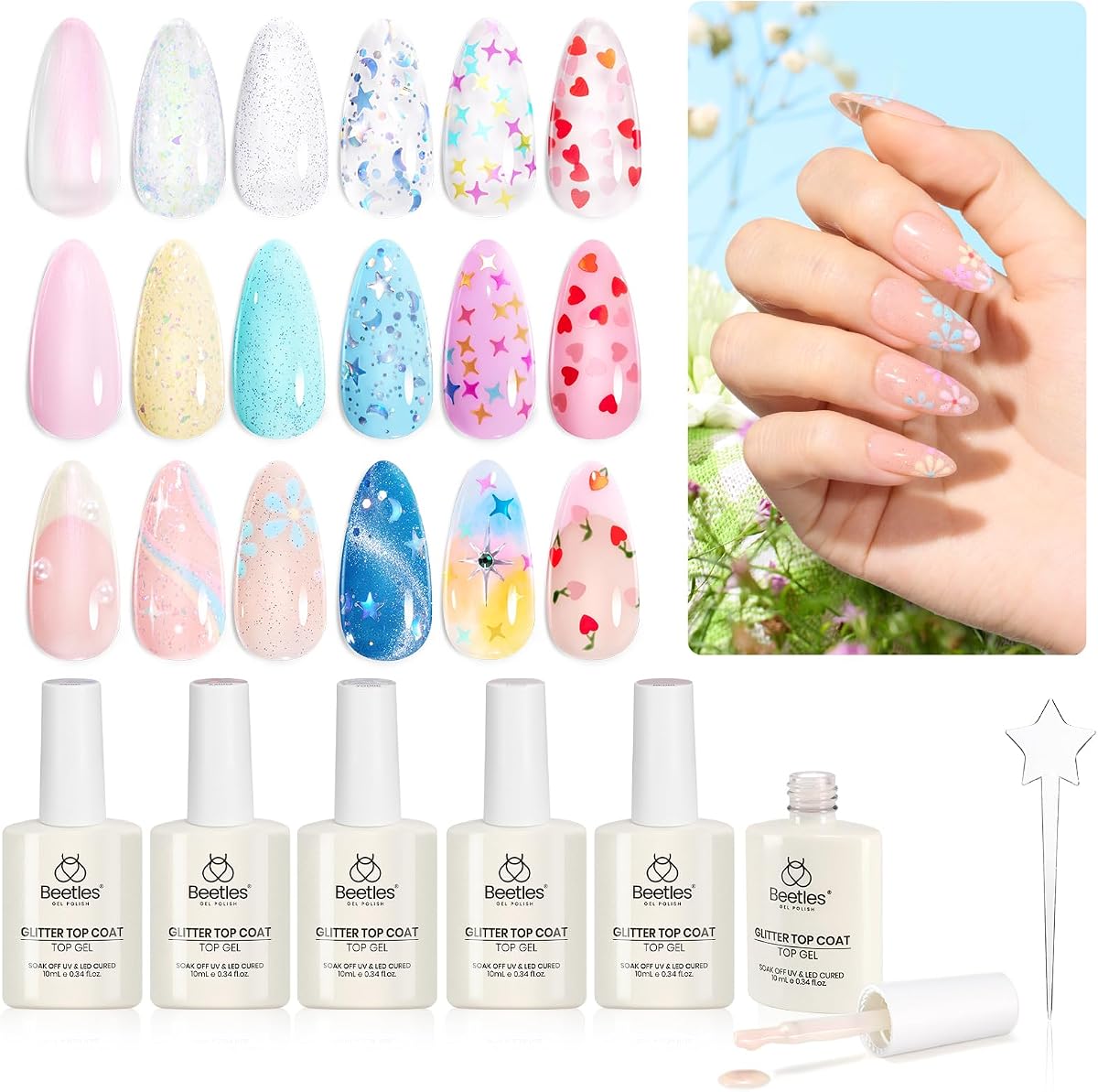 beetles Gel Polish 6Pcs Heart Star Reflective Glitter Gel Top Coat Set, Clear Pink Color Pastel Nail Polish No Wipe Top Coat Long Lasting Highly Shine Soak Off Uv Gel Art