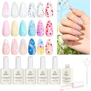 beetles Gel Polish 6Pcs Heart Star Reflective Glitter Gel Top Coat Set, Clear Pink Color Pastel Nail Polish No Wipe Top Coat Long Lasting Highly Shine Soak Off Uv Gel Art