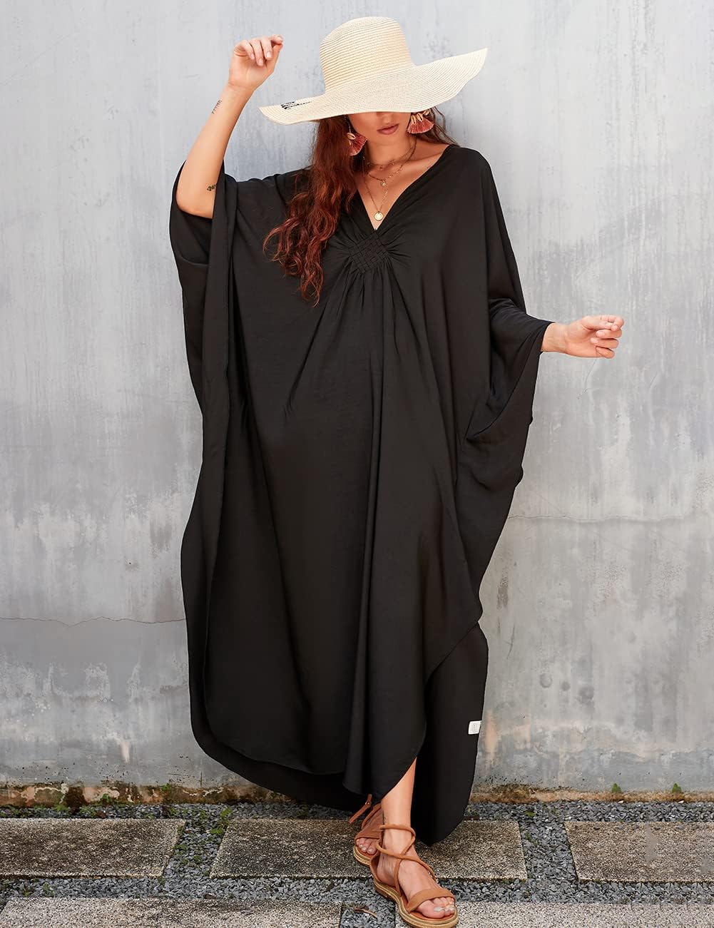 Bsubseach Women Solid Color Cover Up V Neck Batwing Sleeve Plus Size Beach Kaftan Dresses - Image 2