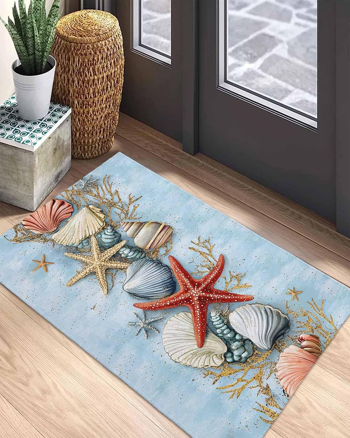 Front Doormat Indoor Outdoor Entrance Rug, Summer Beach Starfish Sea Shell Coral* Non-Slip Door Mats Low Profile Patio Porch Entryway Rugs, 18"x30" Marine Life Blue Gold