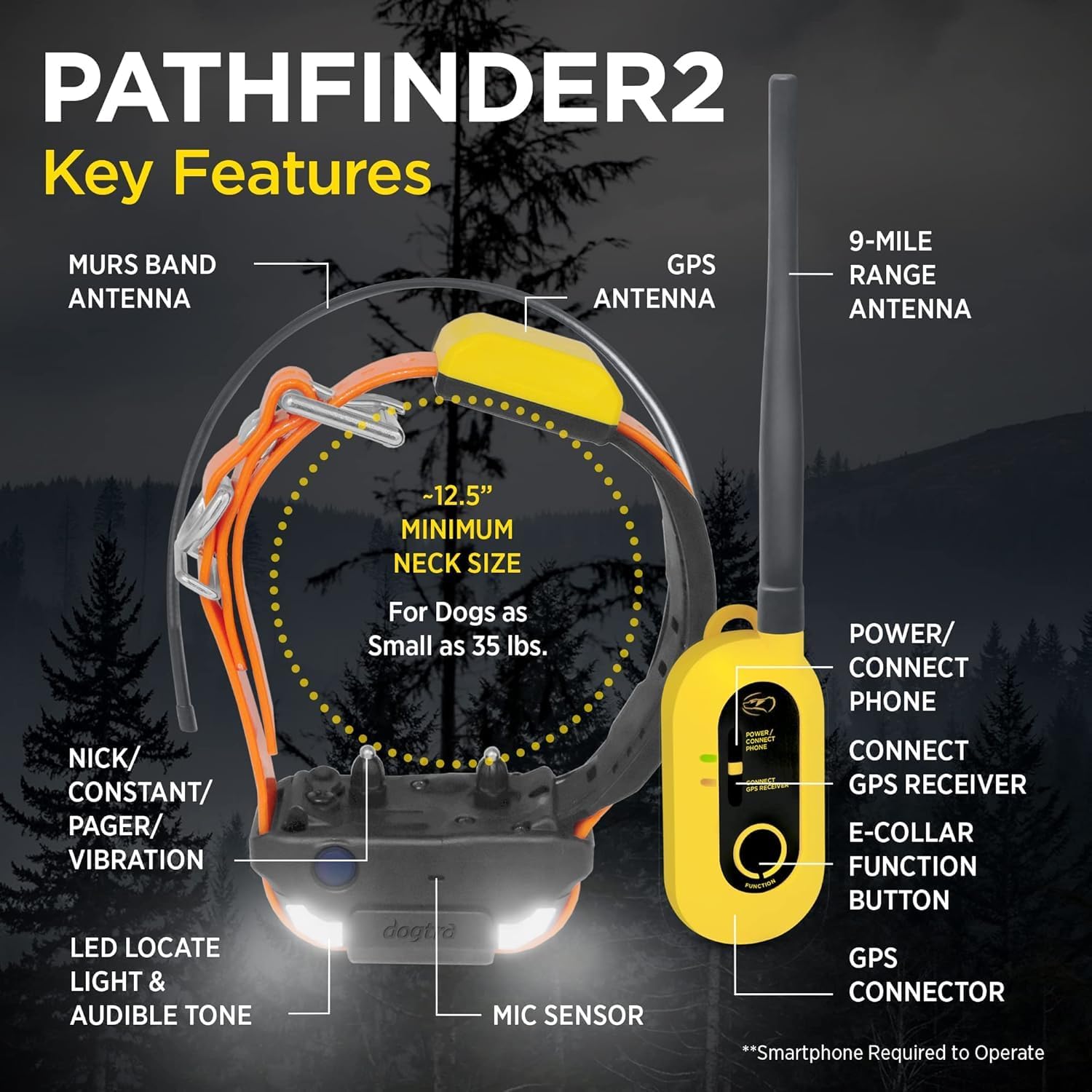 Dogtra 2 Dog Pathfinder 2 GPS Dog Tracker e Collar with PATHFINDER2 Green Add on Receiver LED Light No Monthly fees Free App Waterproof Smartwatch Control Long Range Multiple Dogs Smartphone Required